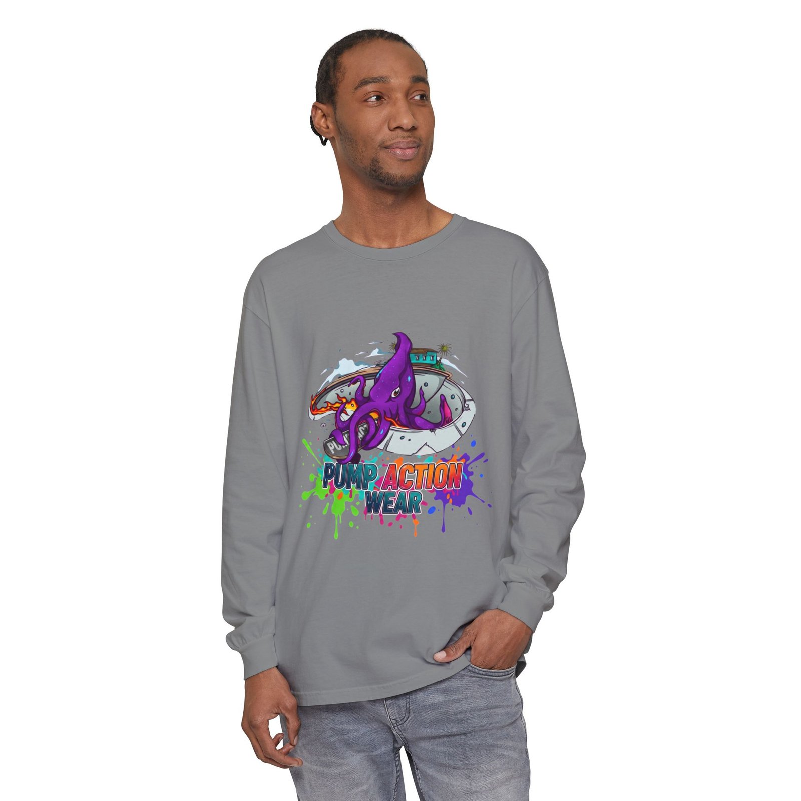 Action Octopus Long Sleeve Tee - "Pump Action Wear" Graphic Shirt - Image 35