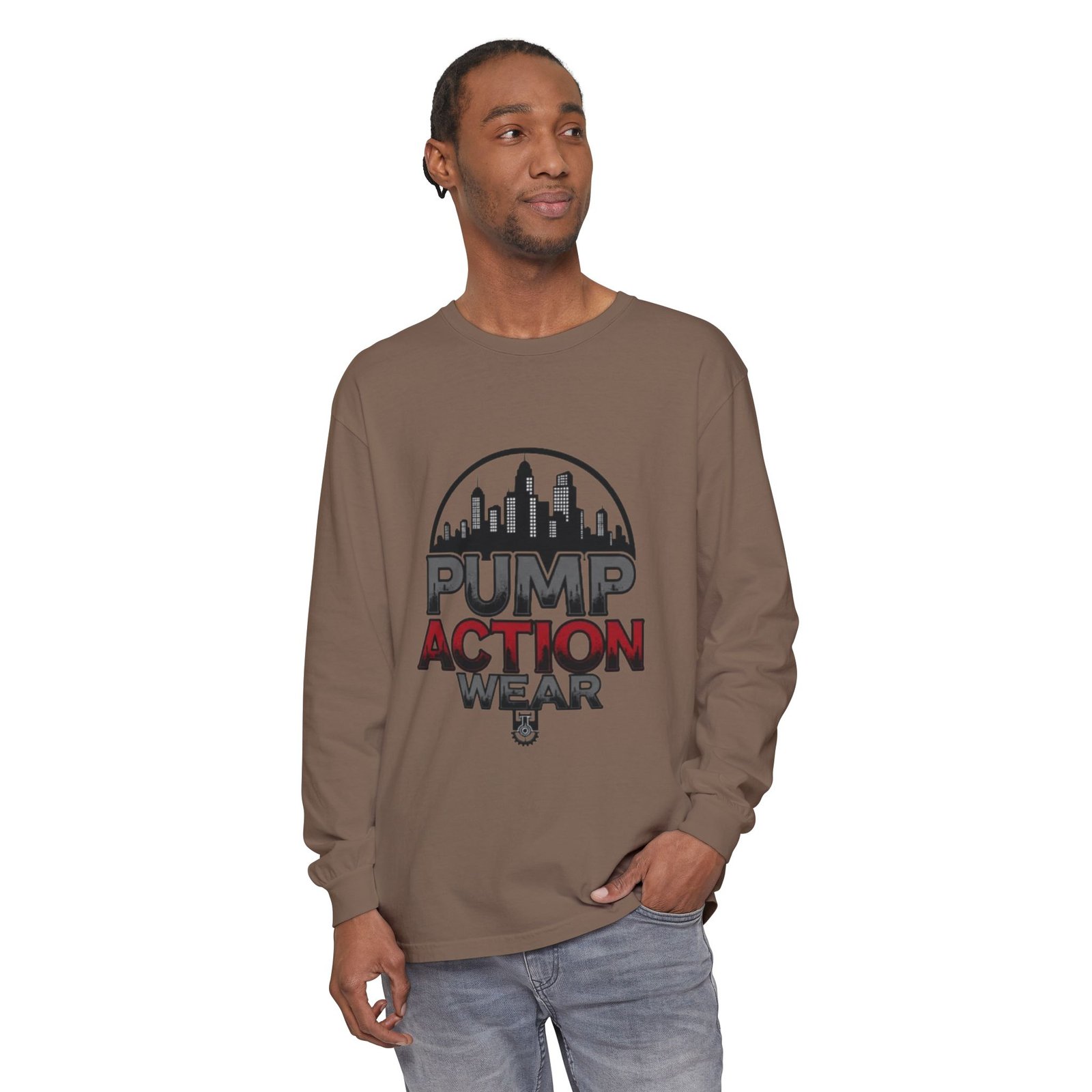 Pump Action Wear Long Sleeve Tee – Urban Skyline Graphic - Image 27