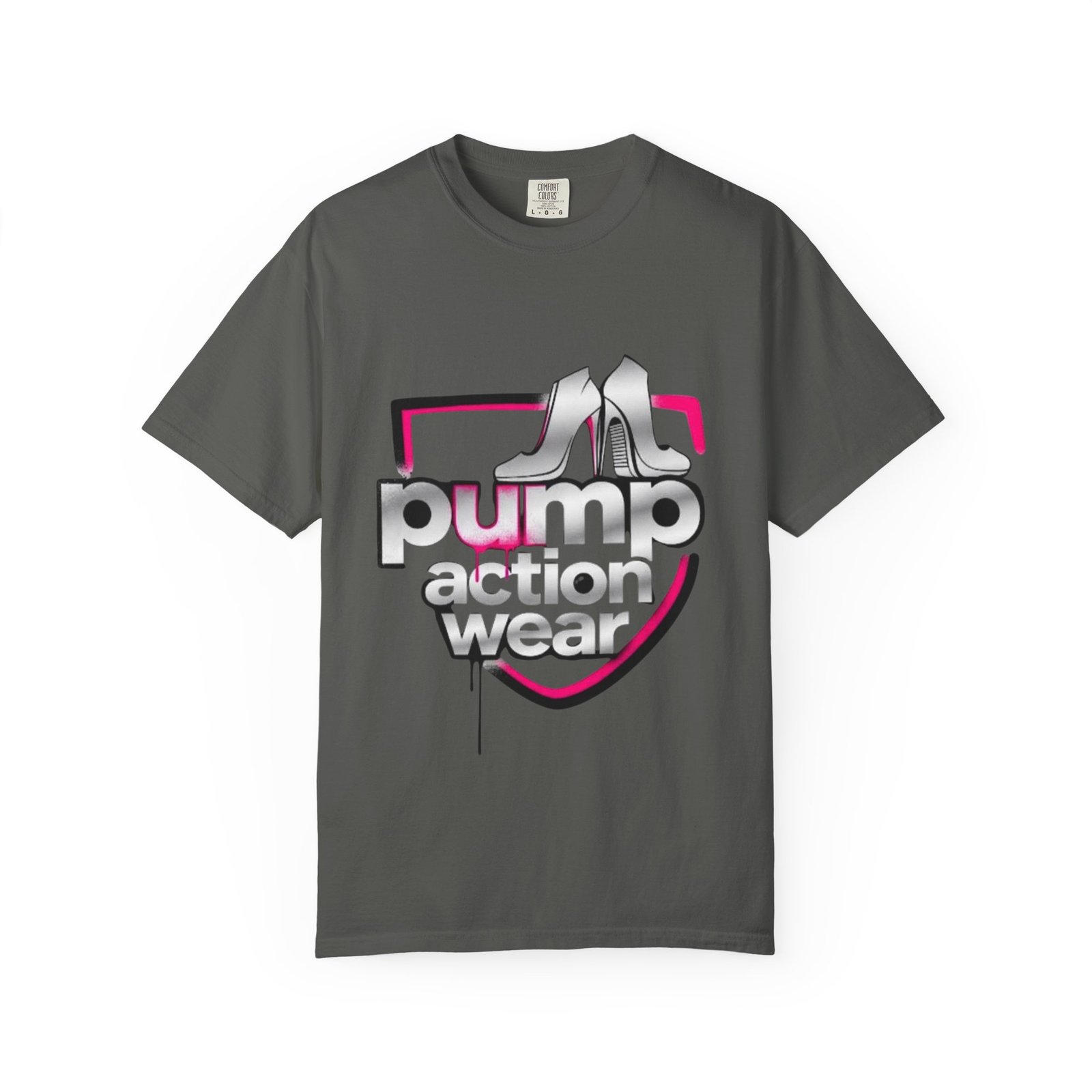 Pump Action Wear T-Shirt — Retro Metallic Heels Logo Tee - Image 17