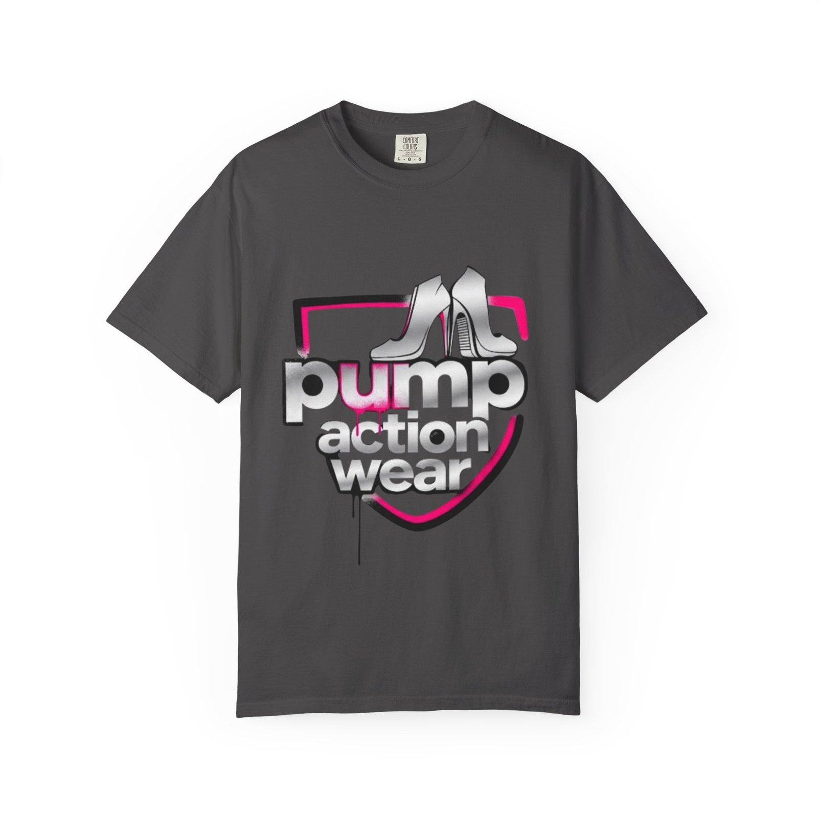 Pump Action Wear T-Shirt — Retro Metallic Heels Logo Tee - Image 41