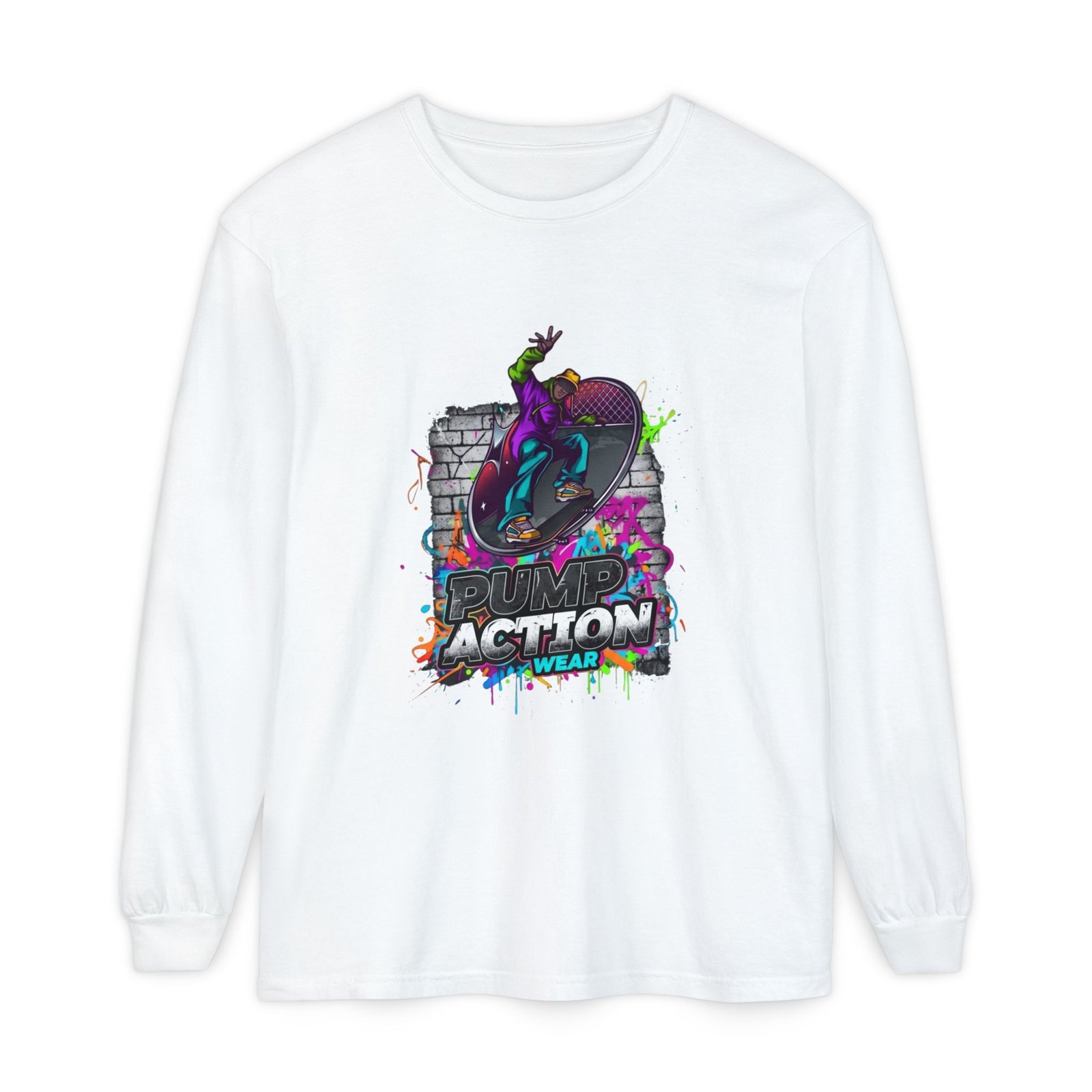 Skate Action Long Sleeve T-Shirt — Neon Skateboard Graphic