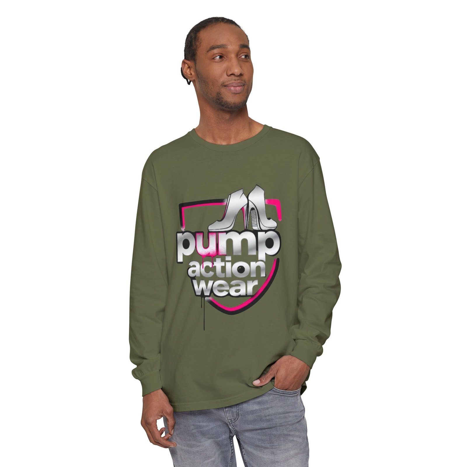 Pump Action Wear Long Sleeve Tee — Retro Chrome Logo Graphic Shirt - Image 47