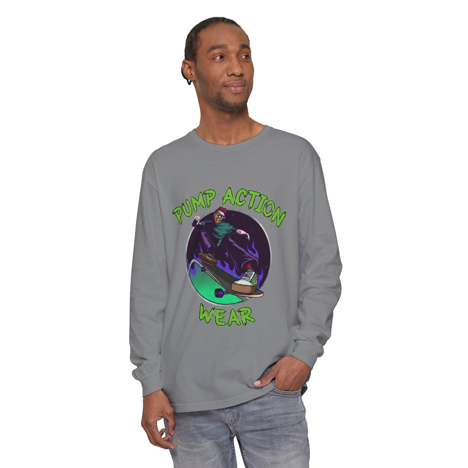 Skateboarder Graphic Long Sleeve Tee — "Pump Action Wear" - Image 39