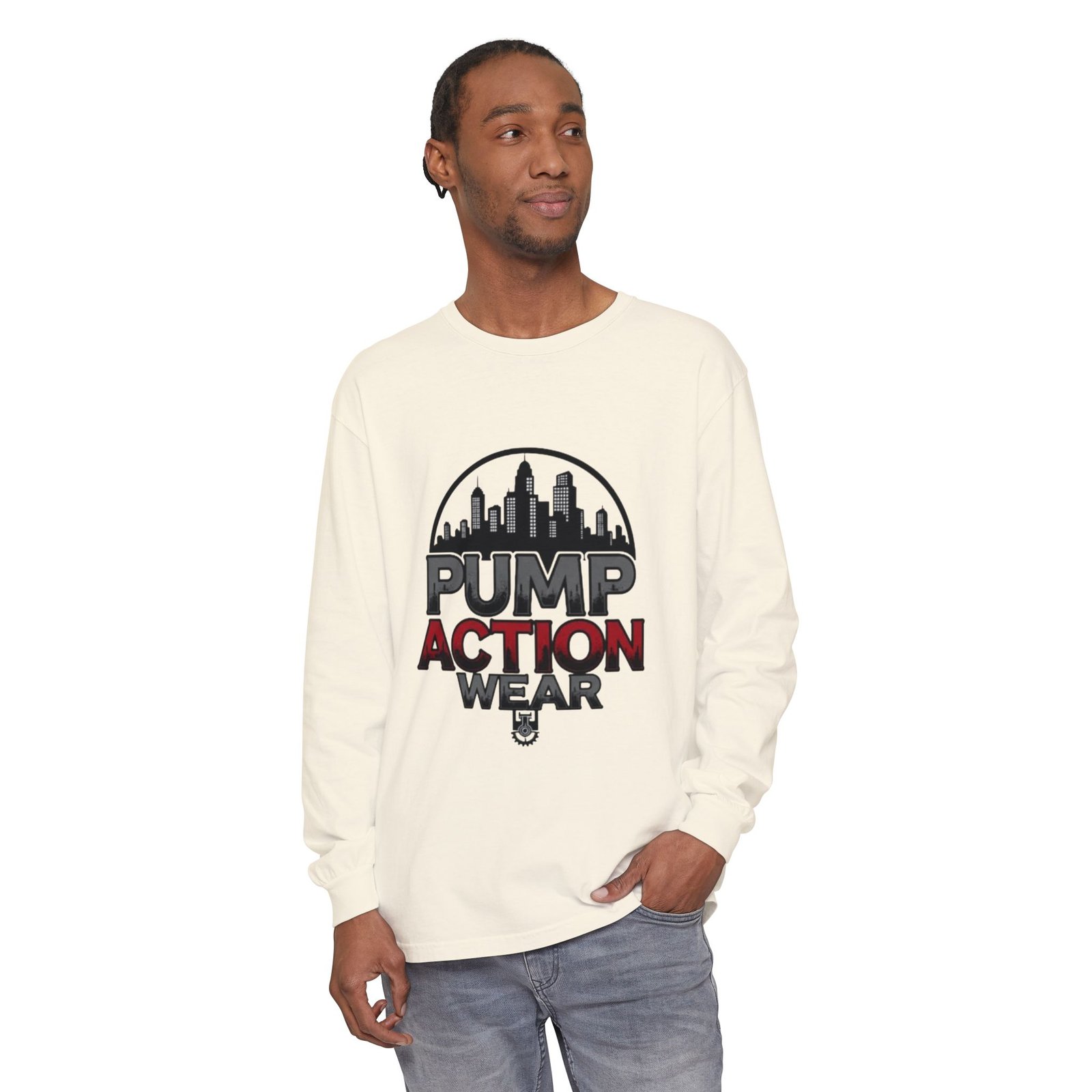 Pump Action Wear Long Sleeve Tee – Urban Skyline Graphic - Image 19