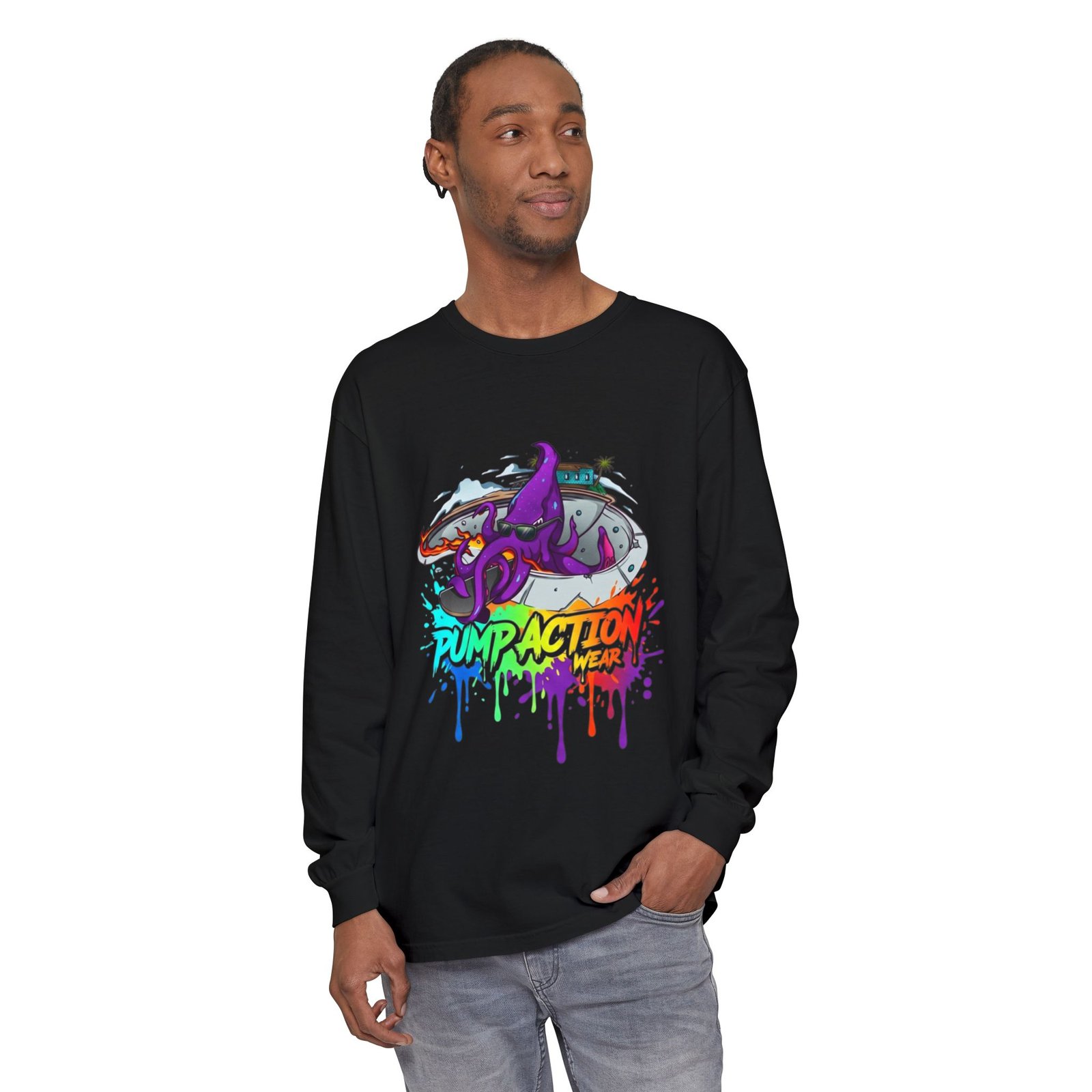 Long Sleeve T‑Shirt — 'Pump Action' Colorful Octopus Skate Graphic - Image 51