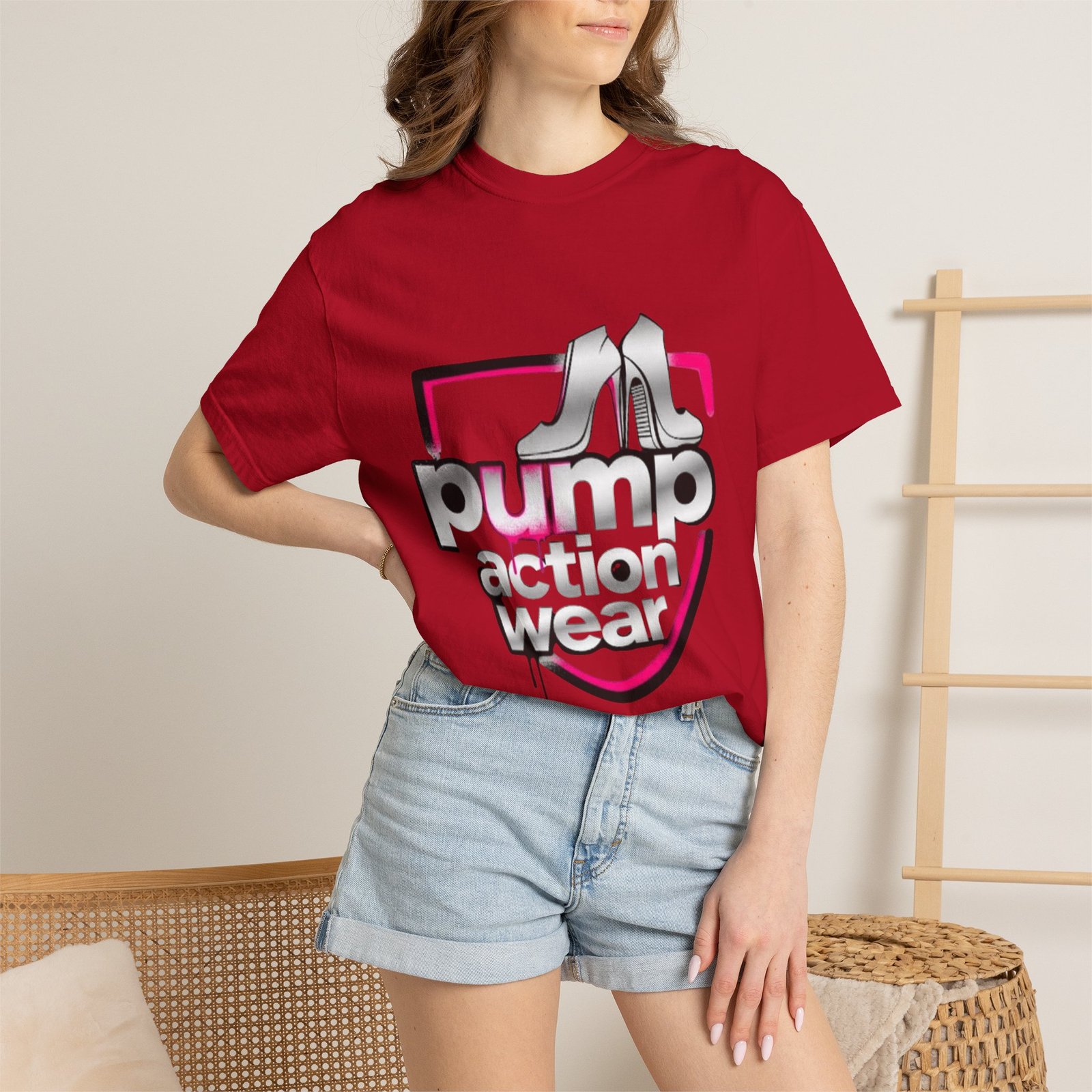 Pump Action Wear T-Shirt — Retro Metallic Heels Logo Tee - Image 56