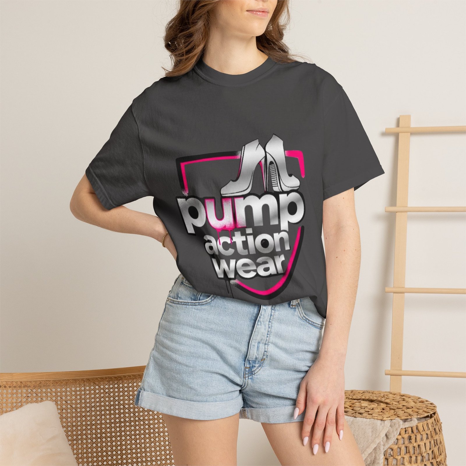 Pump Action Wear T-Shirt — Retro Metallic Heels Logo Tee - Image 44