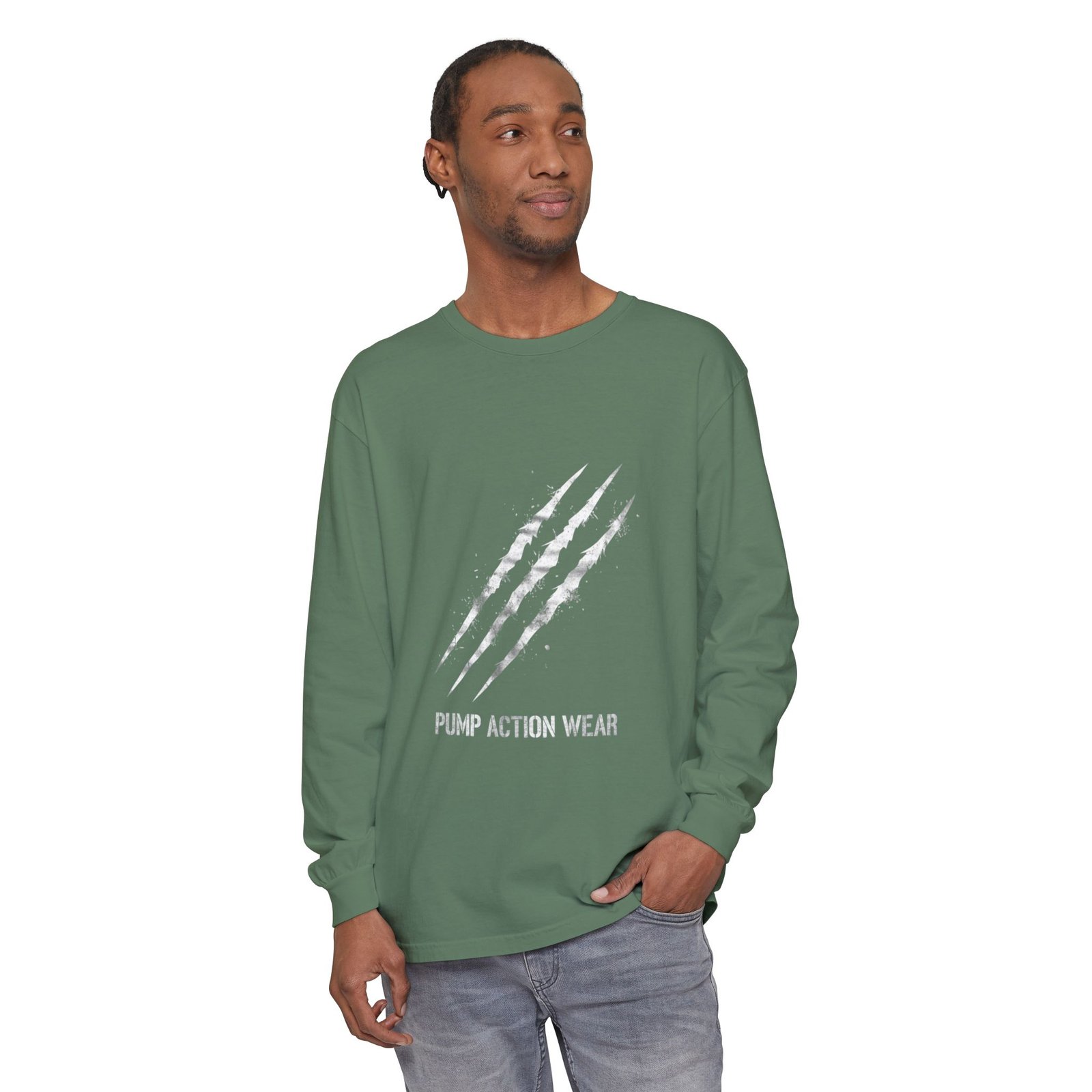 Garment-Dyed Long Sleeve Tee — 'Pure Action Wear' Distressed Claw Graphic - Image 47
