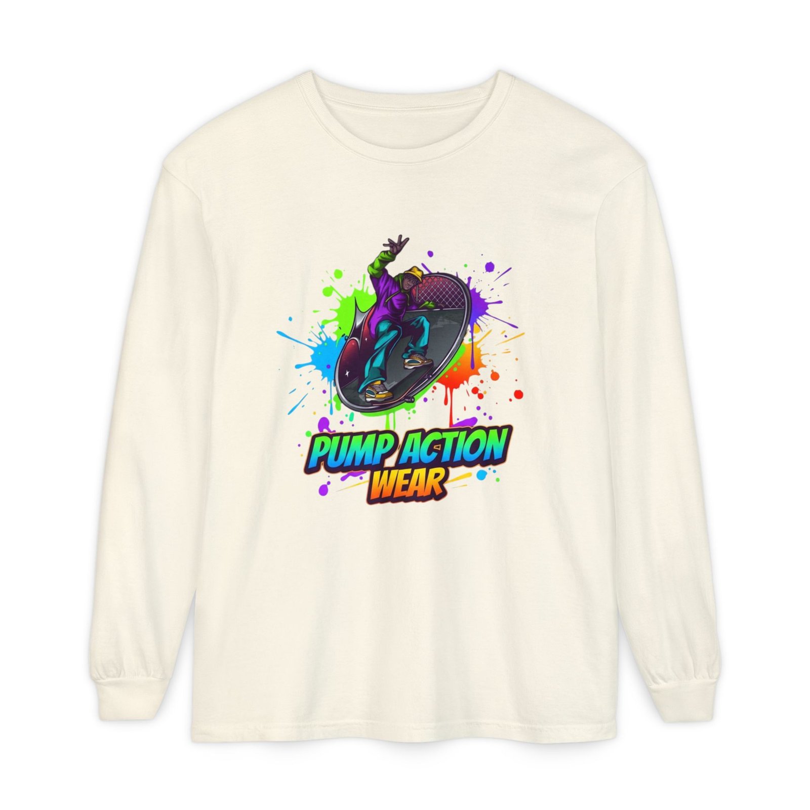 Long Sleeve T-Shirt — "Pump Action Wear" Paint-Splash Skate Graphic - Image 17