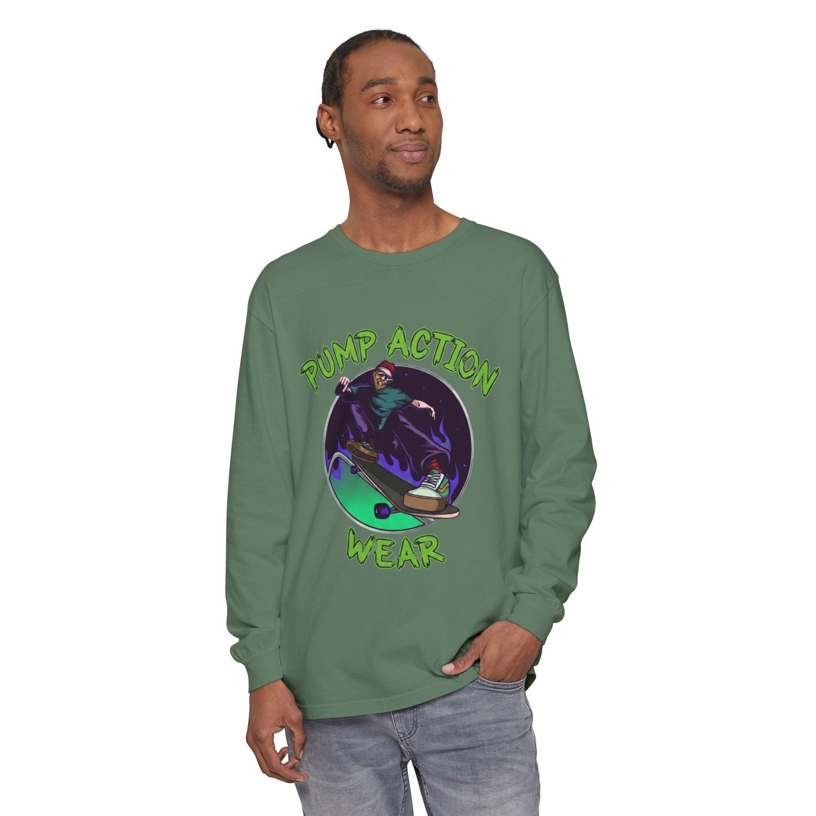 Skateboarder Graphic Long Sleeve Tee — "Pump Action Wear" - Image 47