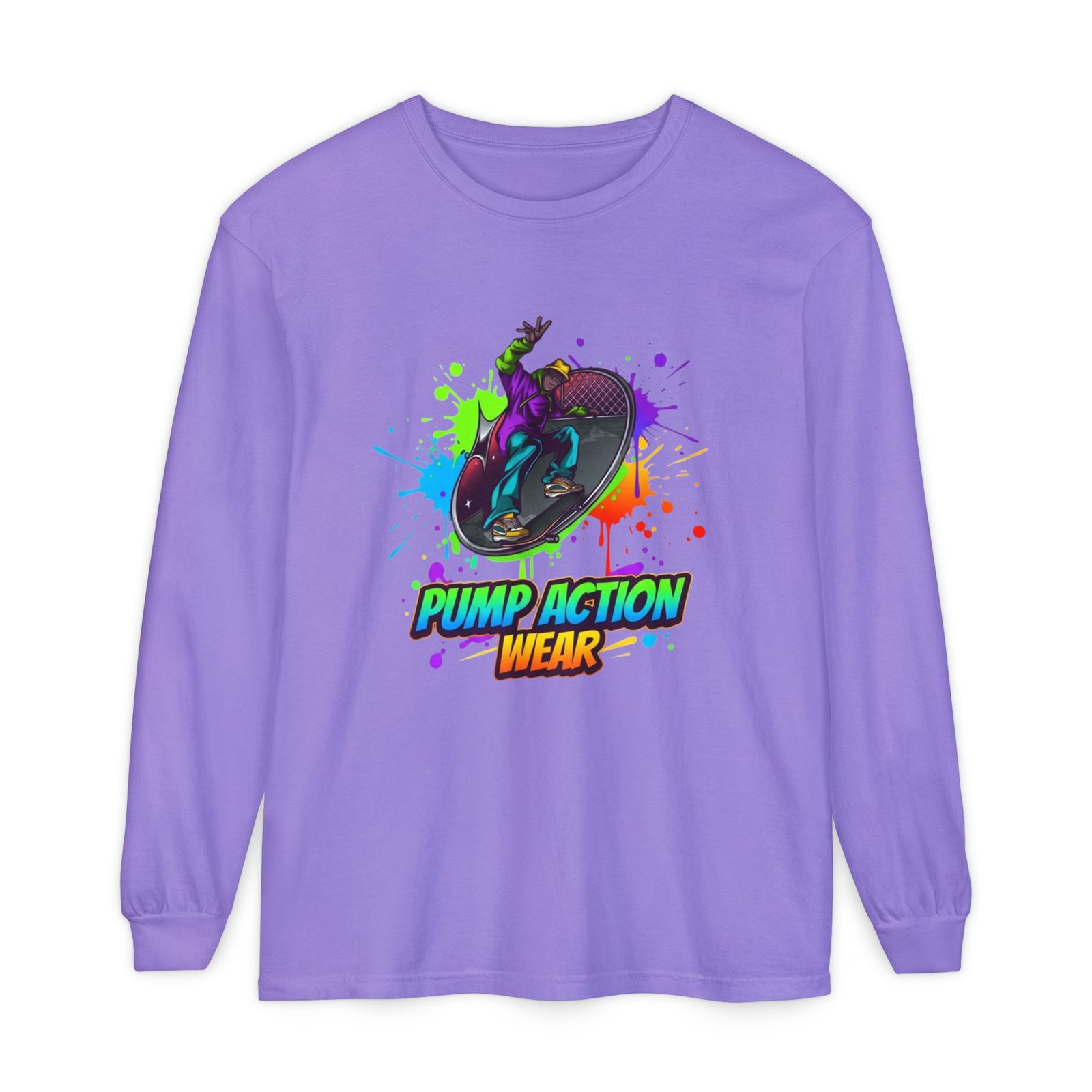 Long Sleeve T-Shirt — "Pump Action Wear" Paint-Splash Skate Graphic - Image 53