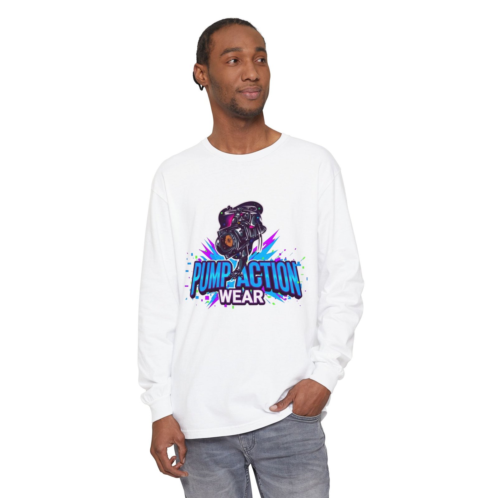 Pump Action Wear Long Sleeve T‑Shirt — Graphic Gun Logo Streetwear - Image 3