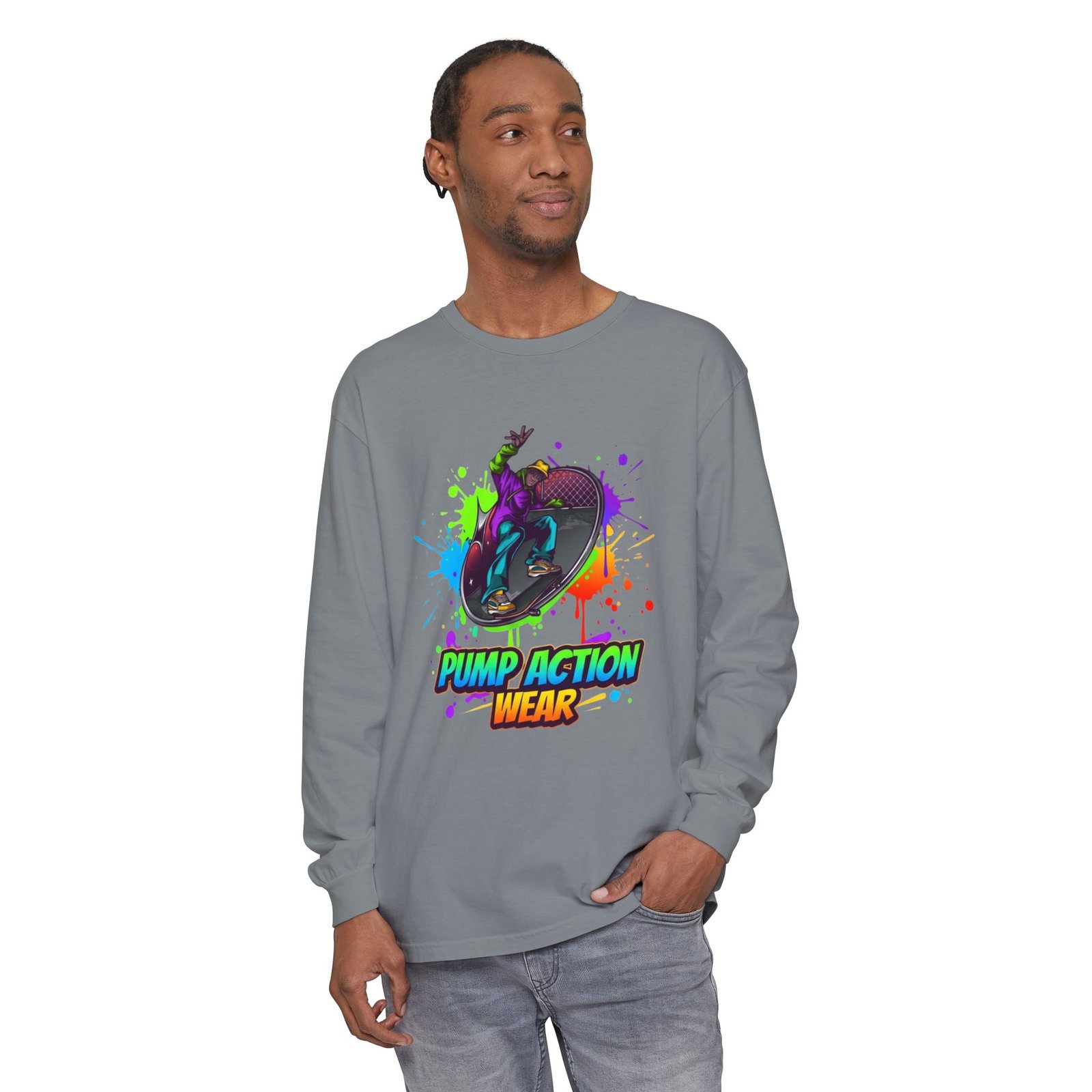 Long Sleeve T-Shirt — "Pump Action Wear" Paint-Splash Skate Graphic - Image 43