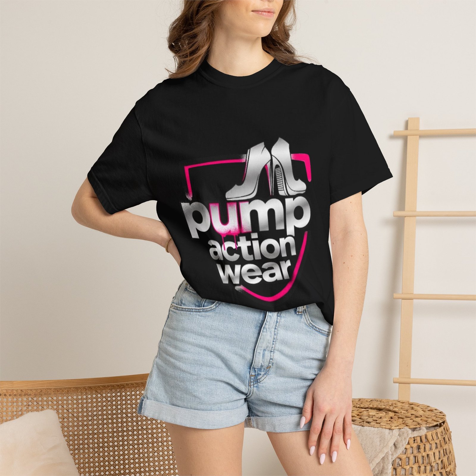 Pump Action Wear T-Shirt — Retro Metallic Heels Logo Tee - Image 48