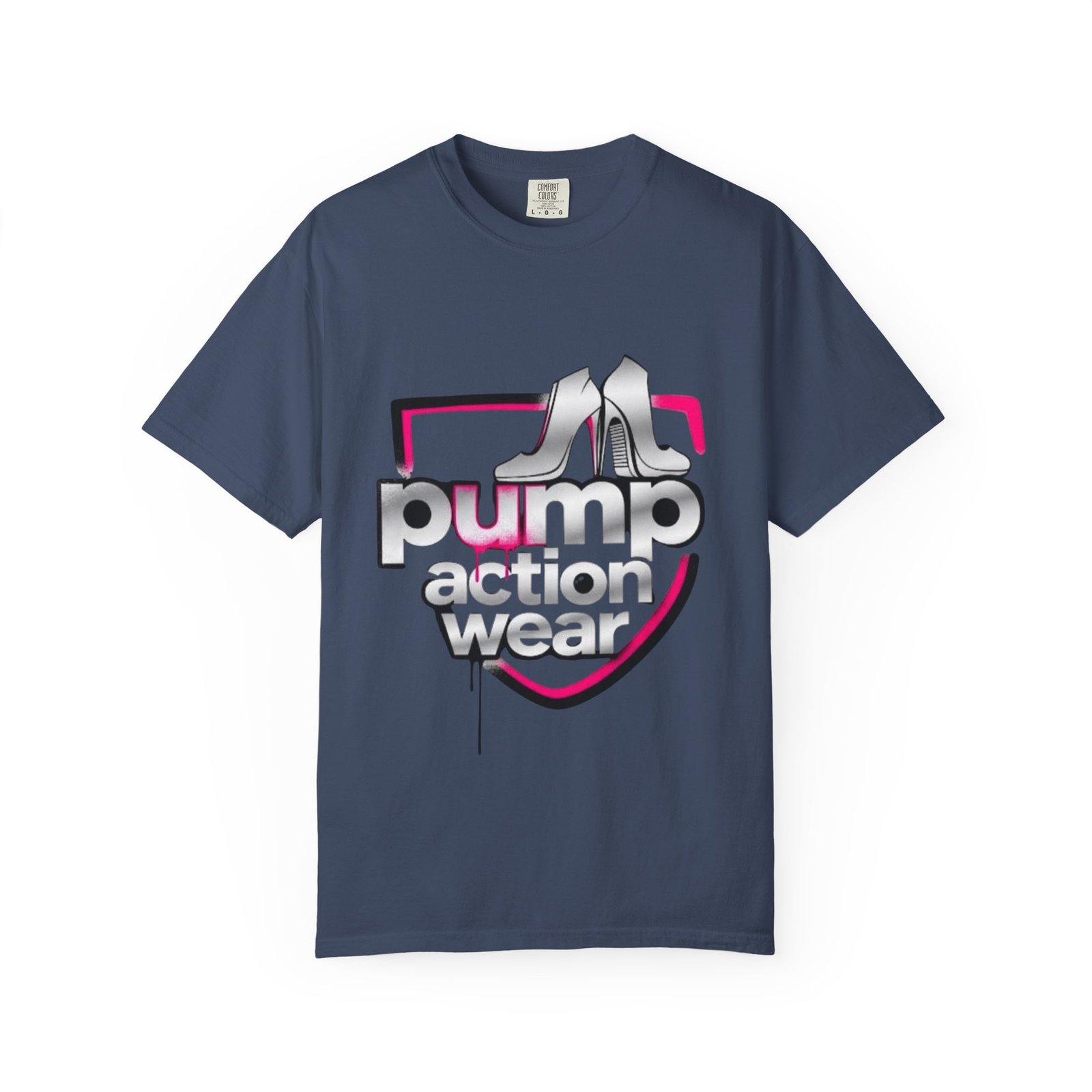 Pump Action Wear T-Shirt — Retro Metallic Heels Logo Tee - Image 37