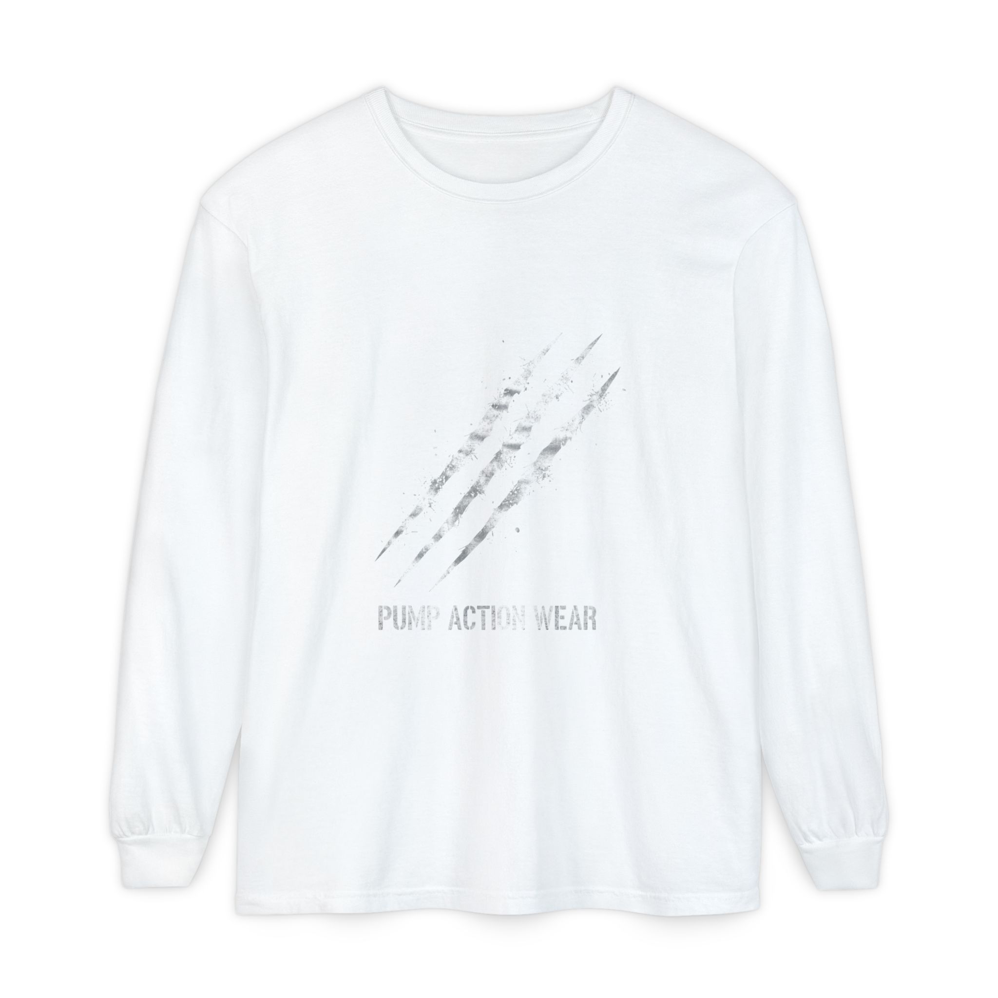 Garment-Dyed Long Sleeve Tee — 'Pure Action Wear' Distressed Claw Graphic
