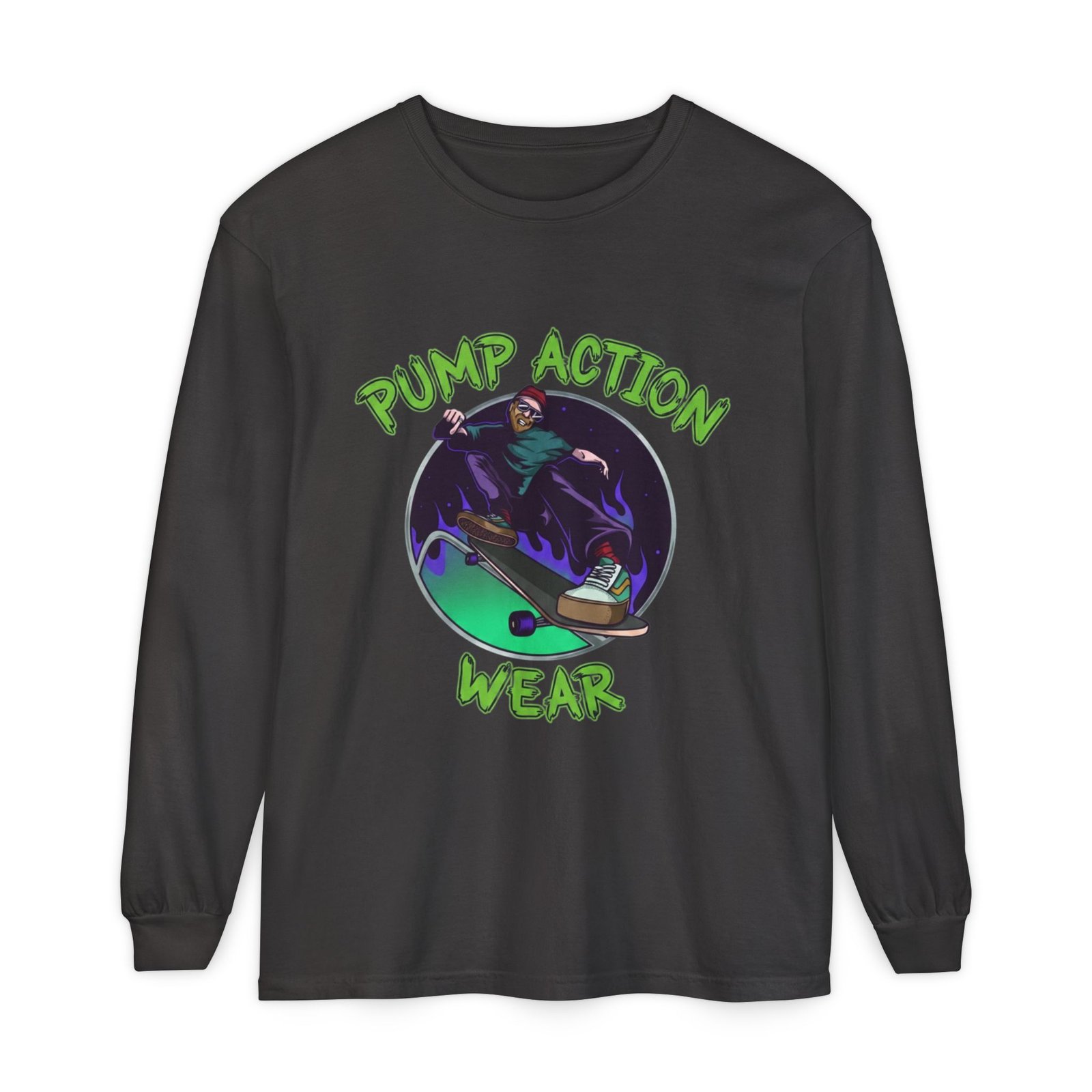 Skateboarder Graphic Long Sleeve Tee — "Pump Action Wear" - Image 53