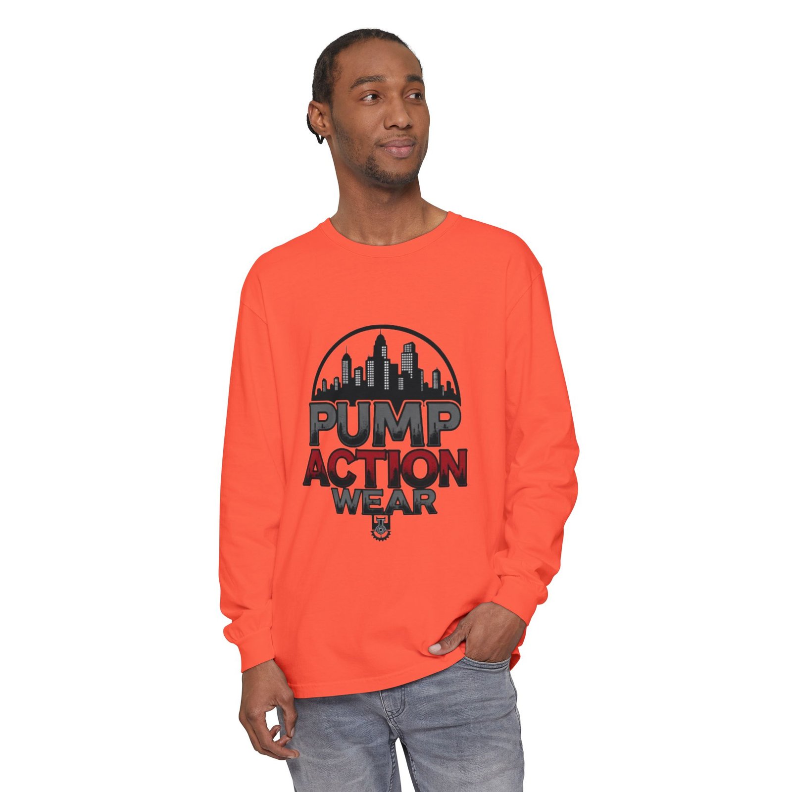 Pump Action Wear Long Sleeve Tee – Urban Skyline Graphic - Image 11