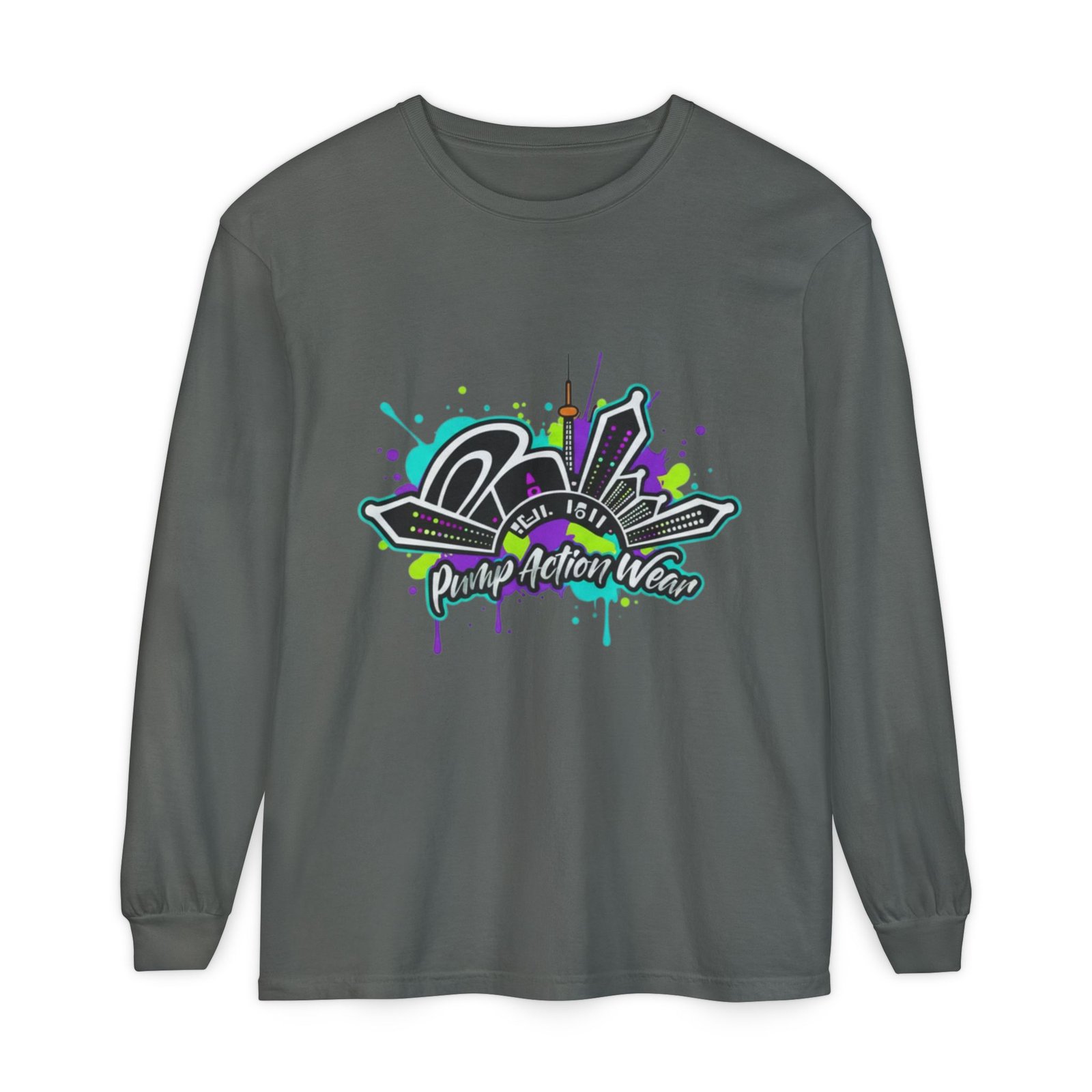 Graphic Long Sleeve T-Shirt — 'Pump Action Wear' Urban Graffiti City Design - Image 33