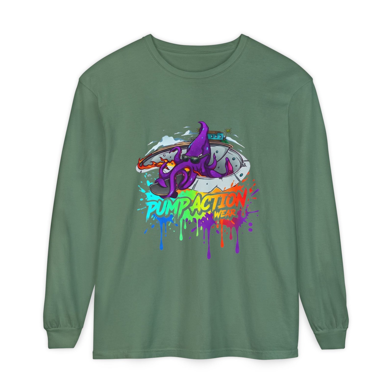 Long Sleeve T‑Shirt — 'Pump Action' Colorful Octopus Skate Graphic - Image 37