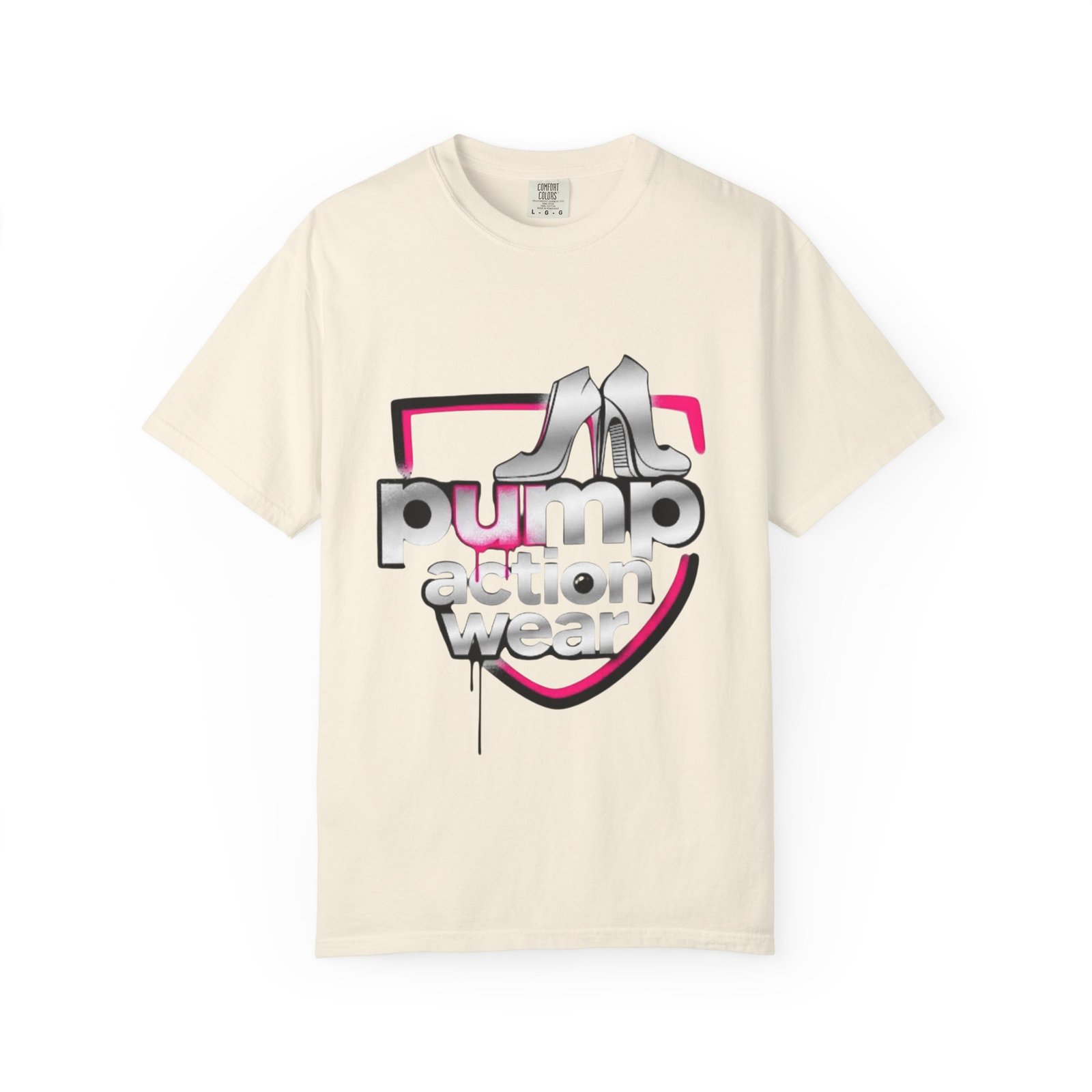 Pump Action Wear T-Shirt — Retro Metallic Heels Logo Tee - Image 9