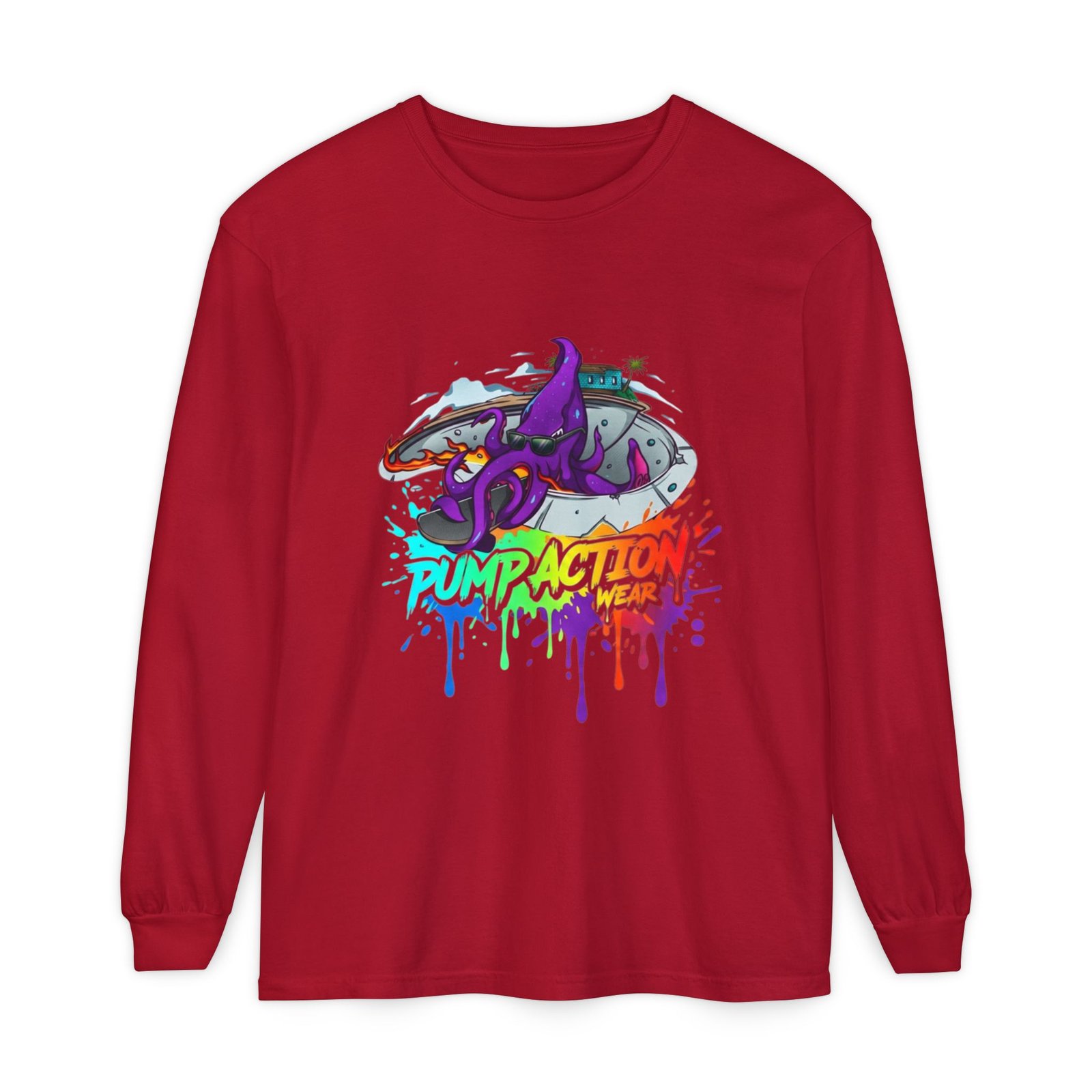 Long Sleeve T‑Shirt — 'Pump Action' Colorful Octopus Skate Graphic - Image 57