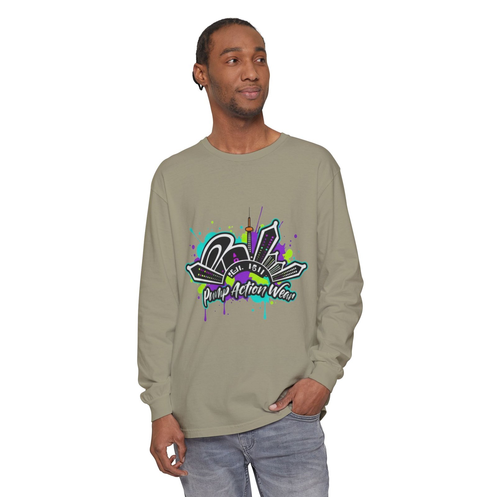 Graphic Long Sleeve T-Shirt — 'Pump Action Wear' Urban Graffiti City Design - Image 31