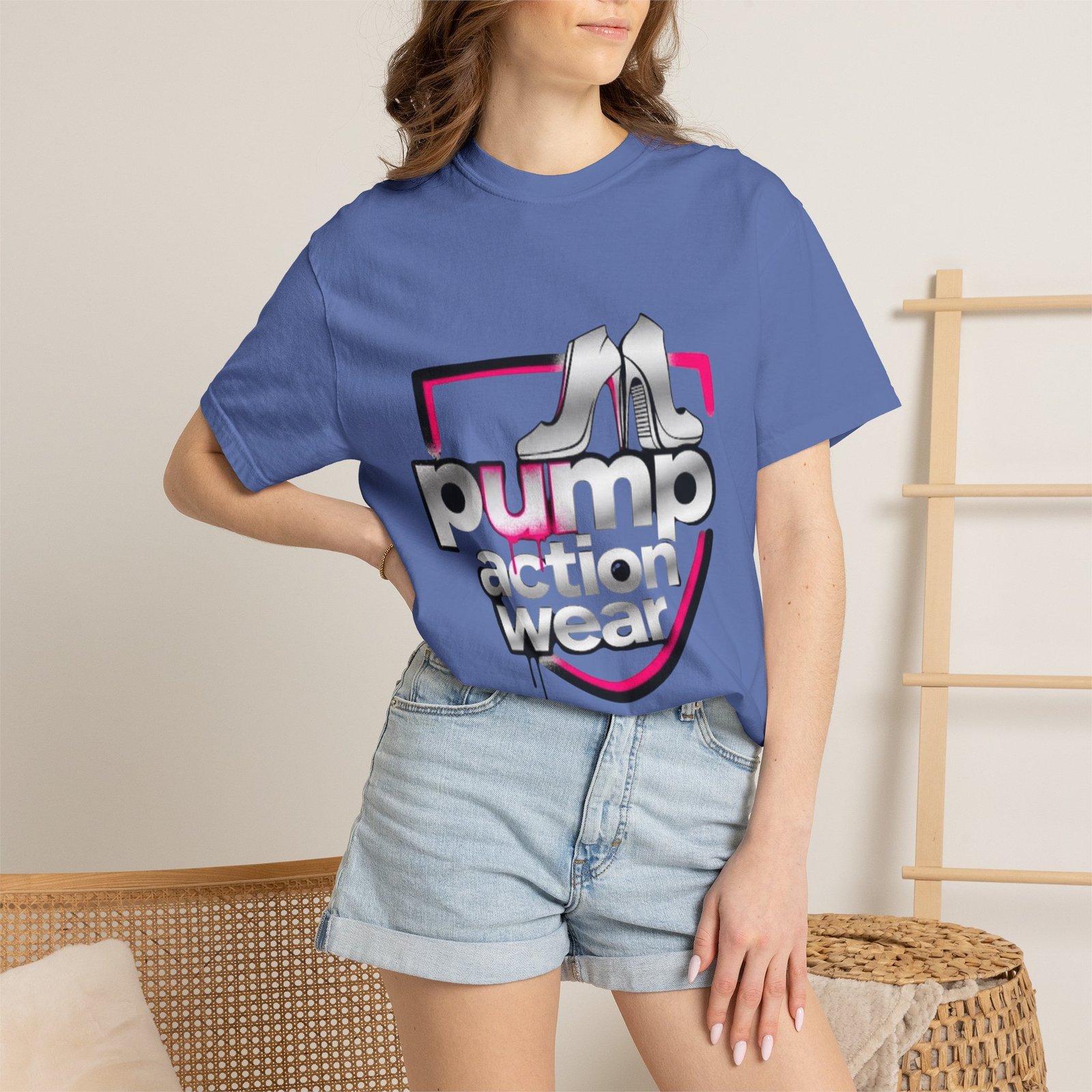 Pump Action Wear T-Shirt — Retro Metallic Heels Logo Tee - Image 32