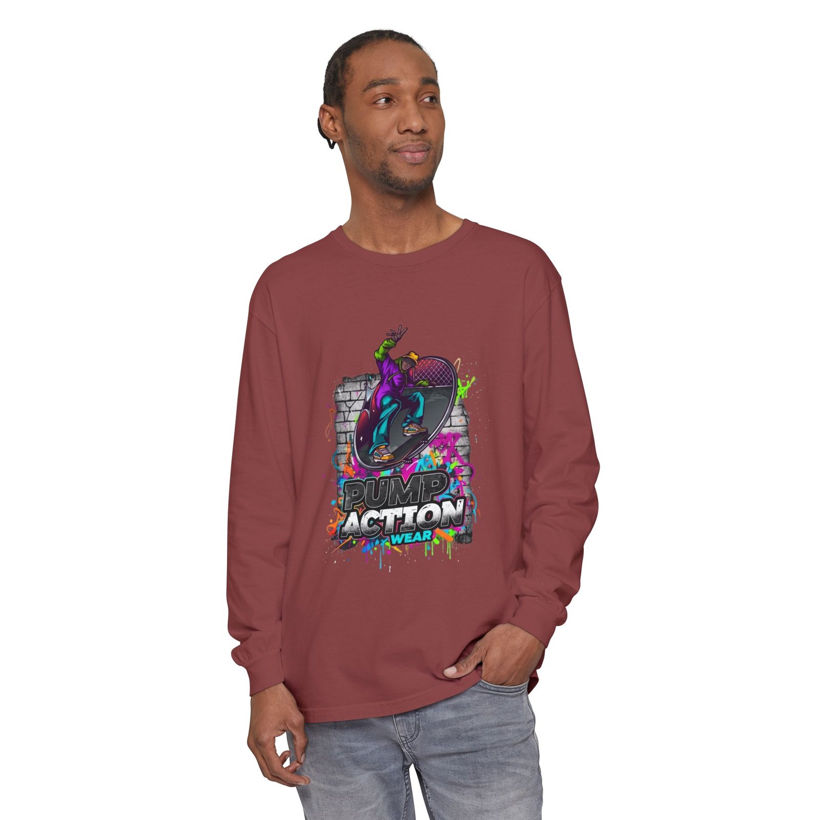 Skate Action Long Sleeve T-Shirt — Neon Skateboard Graphic - Image 15