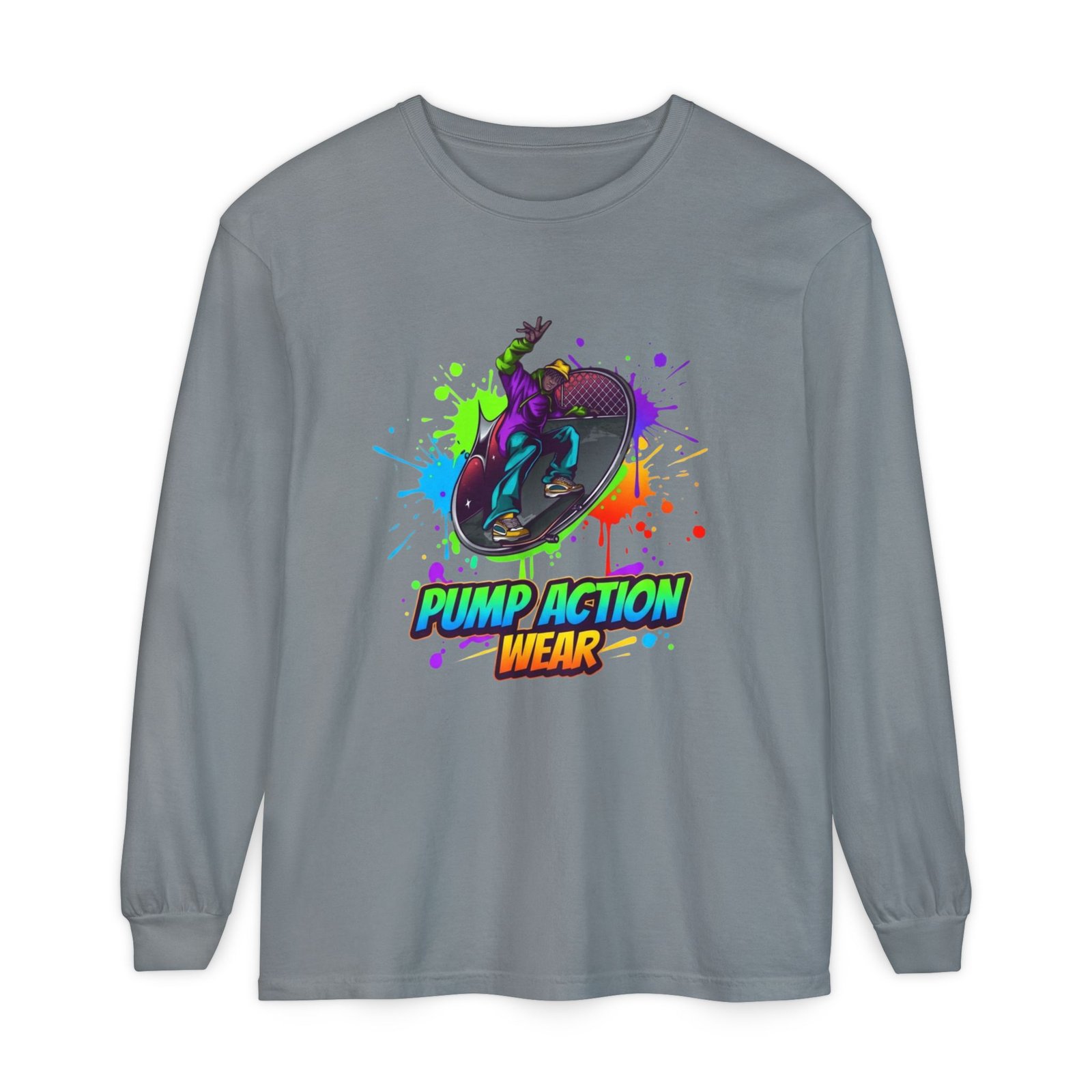 Long Sleeve T-Shirt — "Pump Action Wear" Paint-Splash Skate Graphic - Image 41