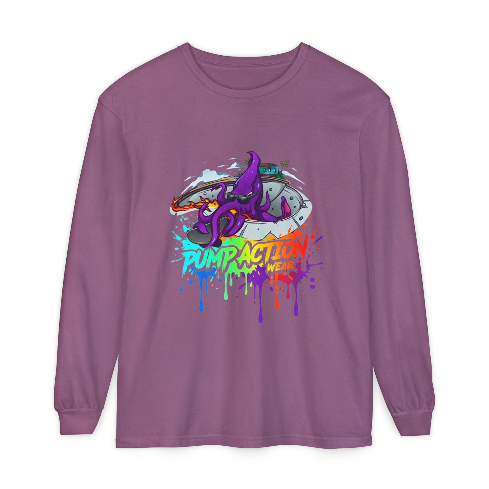 Long Sleeve T‑Shirt — 'Pump Action' Colorful Octopus Skate Graphic - Image 65