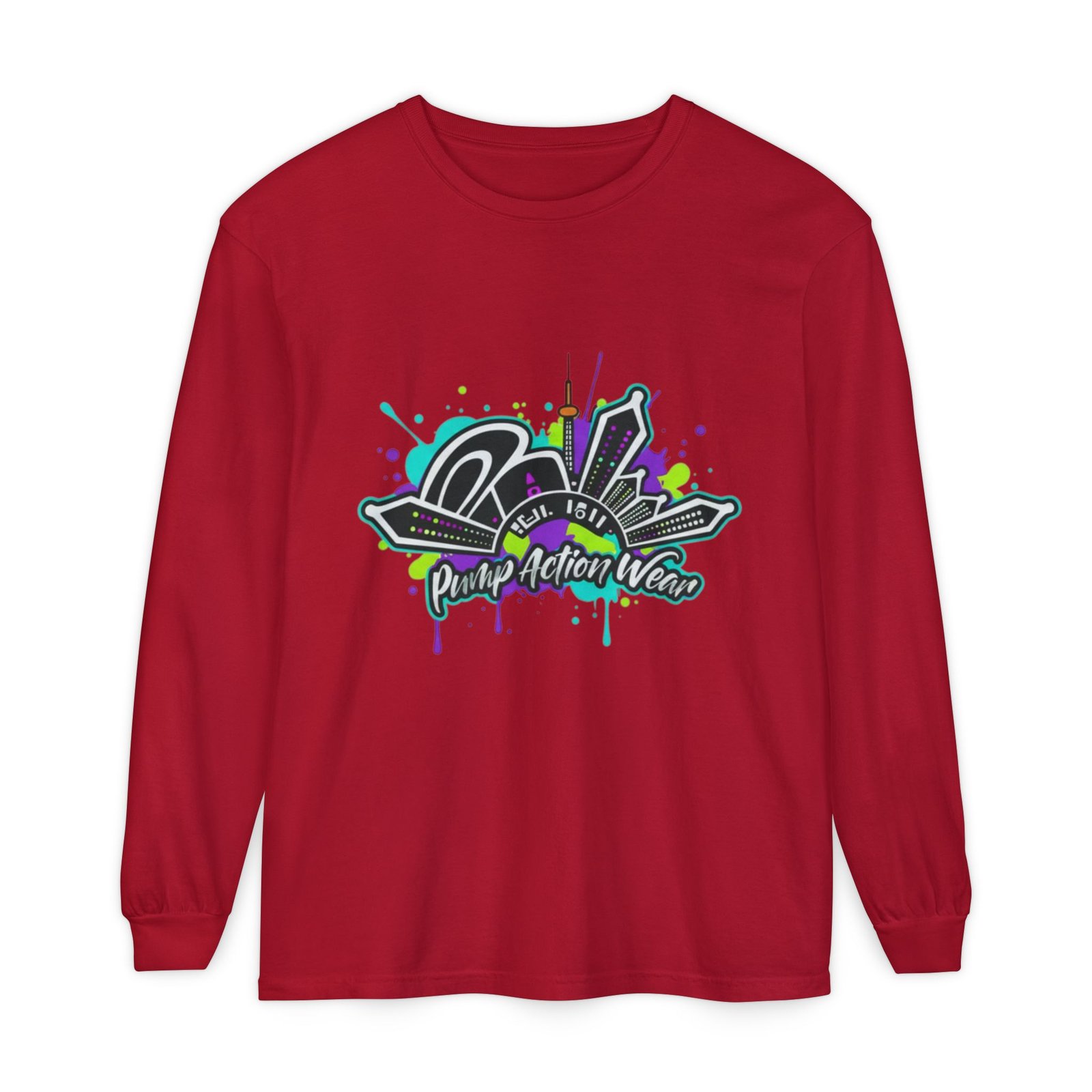 Graphic Long Sleeve T-Shirt — 'Pump Action Wear' Urban Graffiti City Design - Image 65