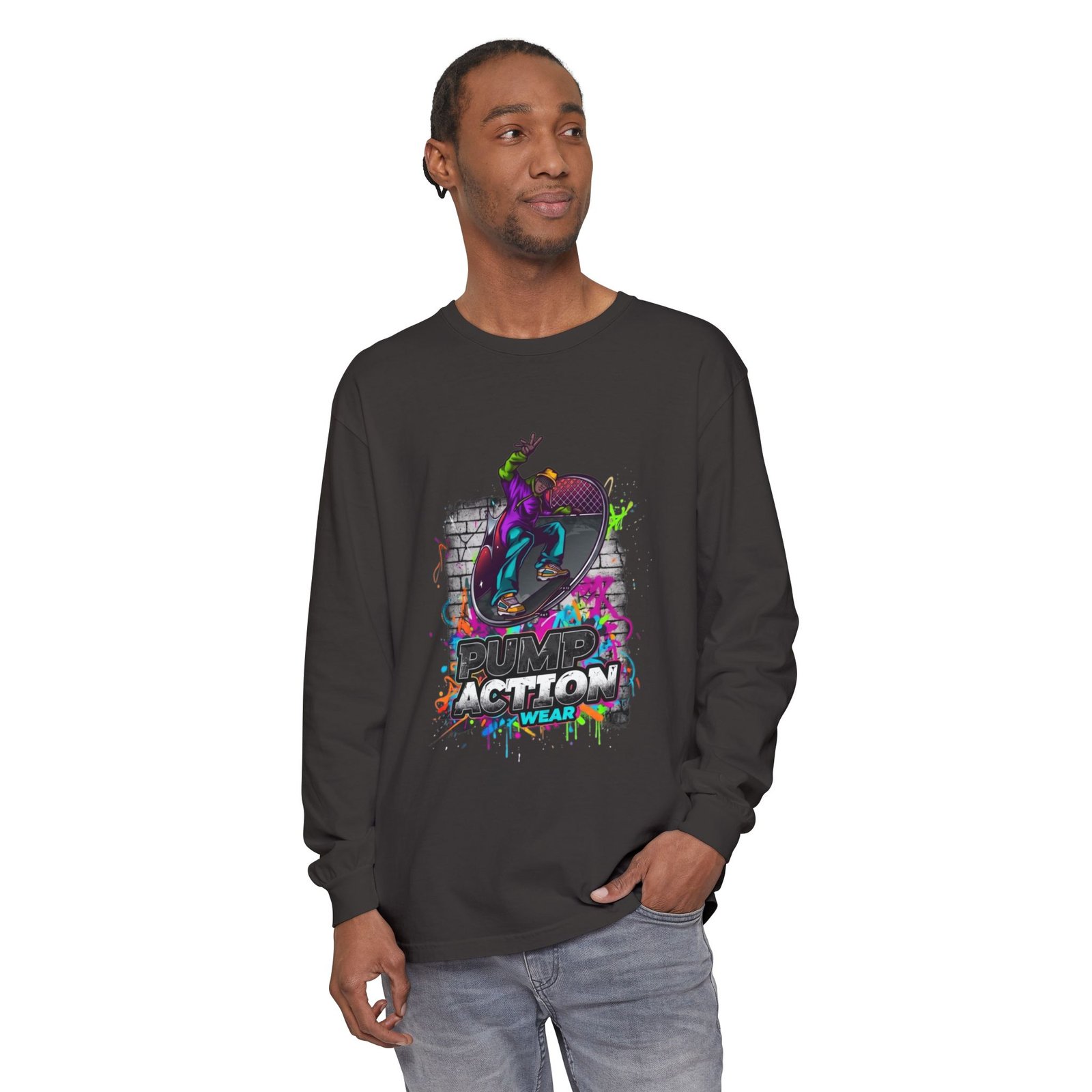Skate Action Long Sleeve T-Shirt — Neon Skateboard Graphic - Image 59