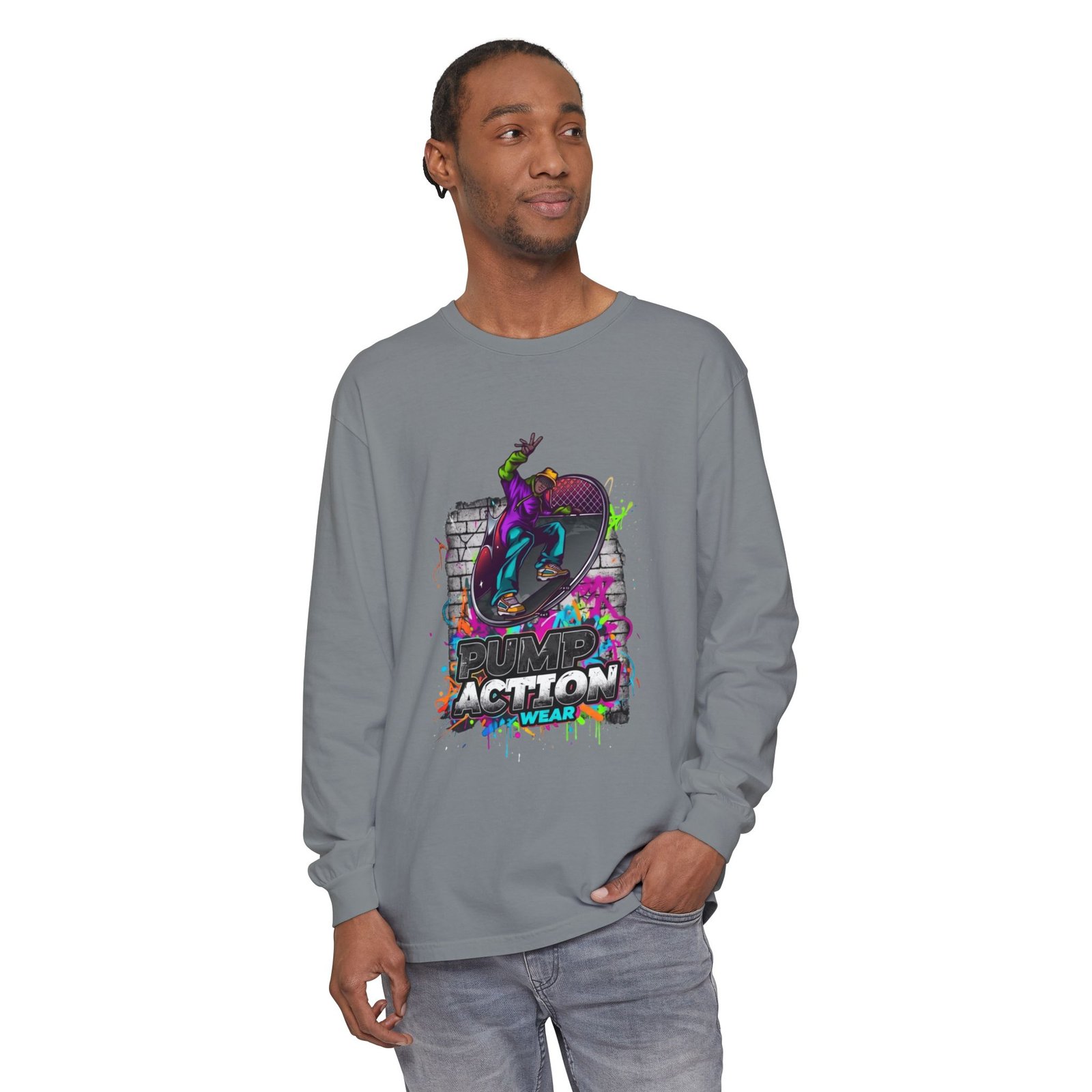 Skate Action Long Sleeve T-Shirt — Neon Skateboard Graphic - Image 55