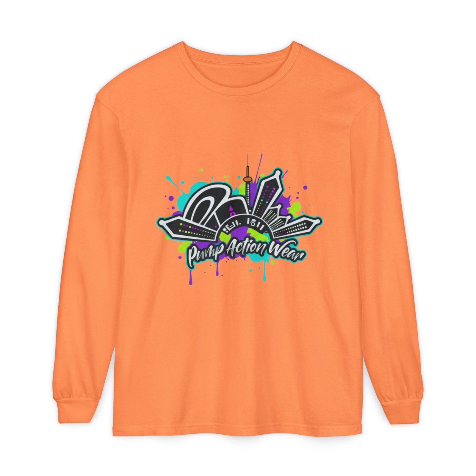 Graphic Long Sleeve T-Shirt — 'Pump Action Wear' Urban Graffiti City Design - Image 5