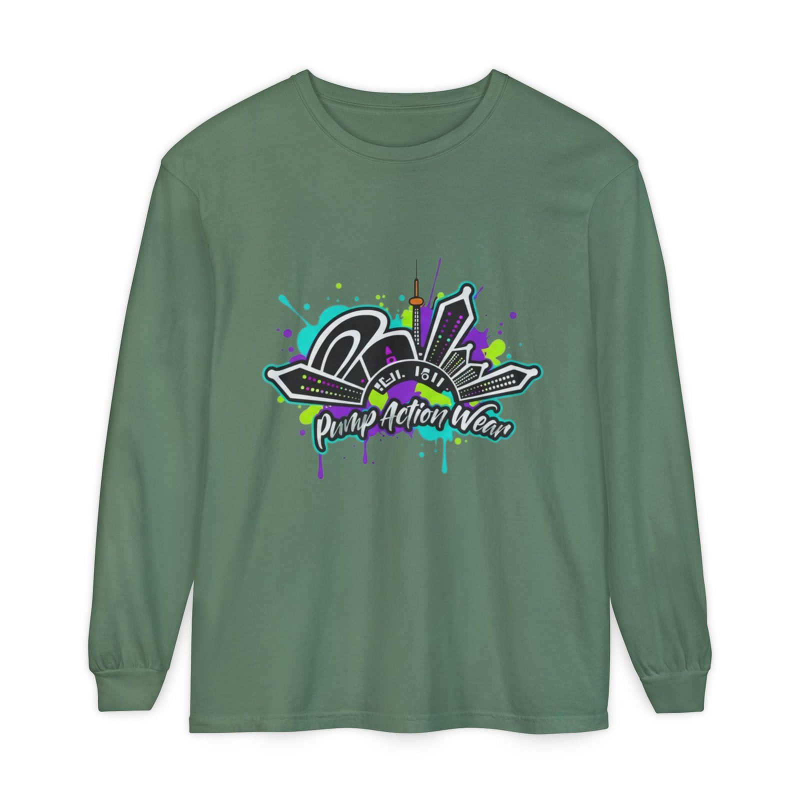 Graphic Long Sleeve T-Shirt — 'Pump Action Wear' Urban Graffiti City Design - Image 45
