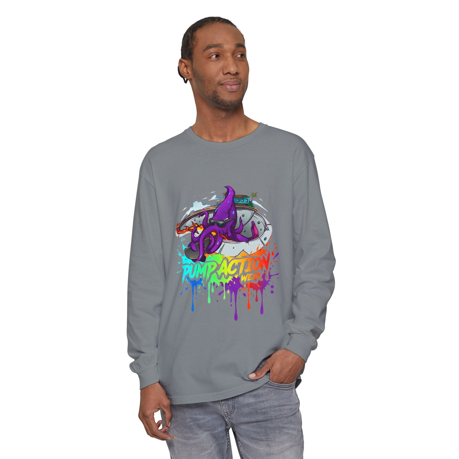 Long Sleeve T‑Shirt — 'Pump Action' Colorful Octopus Skate Graphic - Image 43