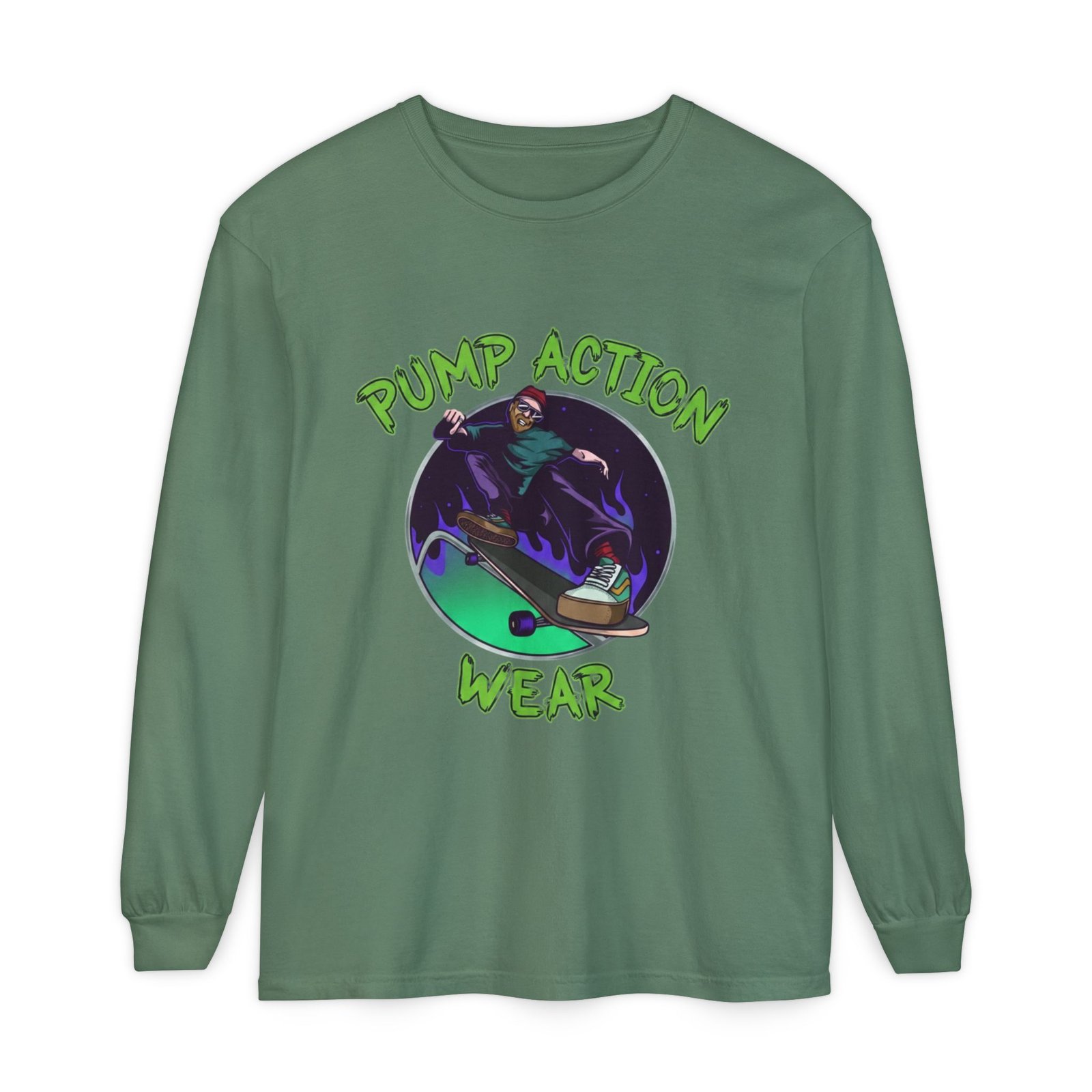 Skateboarder Graphic Long Sleeve Tee — "Pump Action Wear" - Image 45