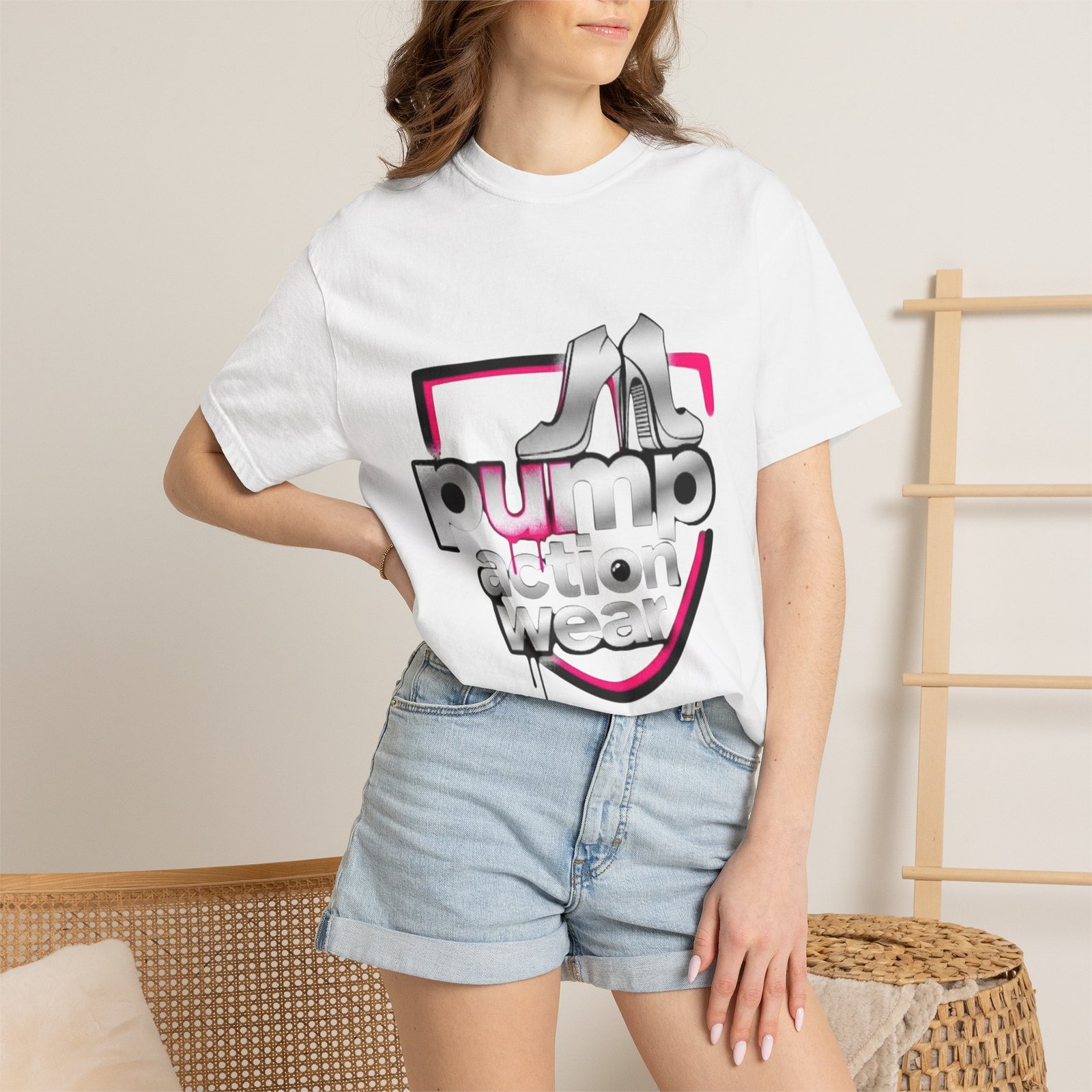 Pump Action Wear T-Shirt — Retro Metallic Heels Logo Tee - Image 4