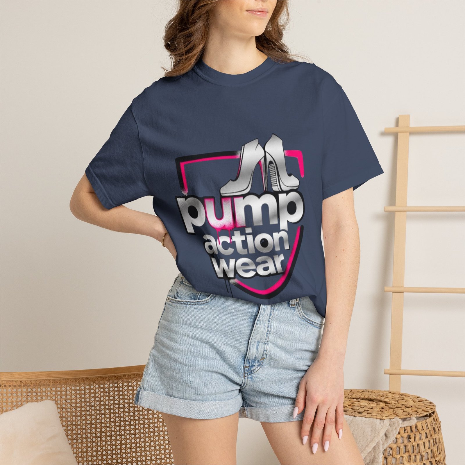 Pump Action Wear T-Shirt — Retro Metallic Heels Logo Tee - Image 40