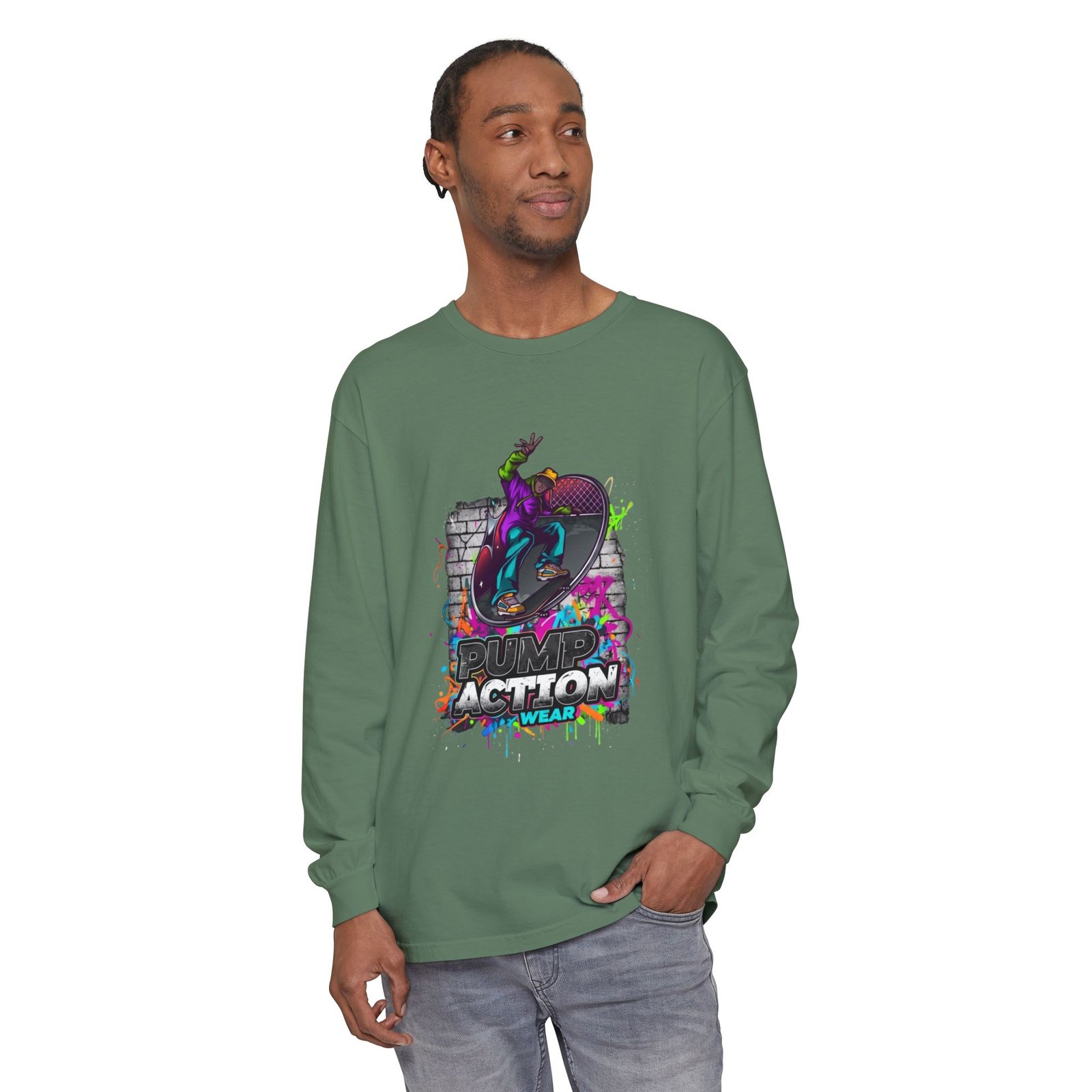 Skate Action Long Sleeve T-Shirt — Neon Skateboard Graphic - Image 51
