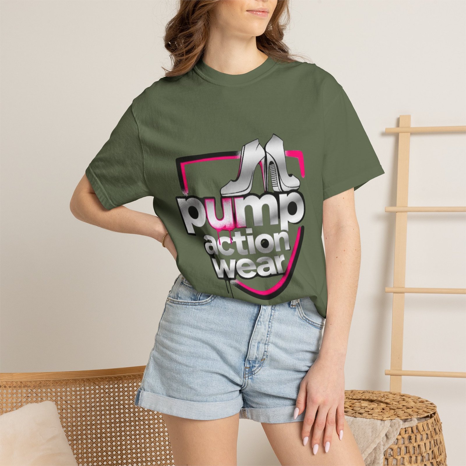 Pump Action Wear T-Shirt — Retro Metallic Heels Logo Tee - Image 28
