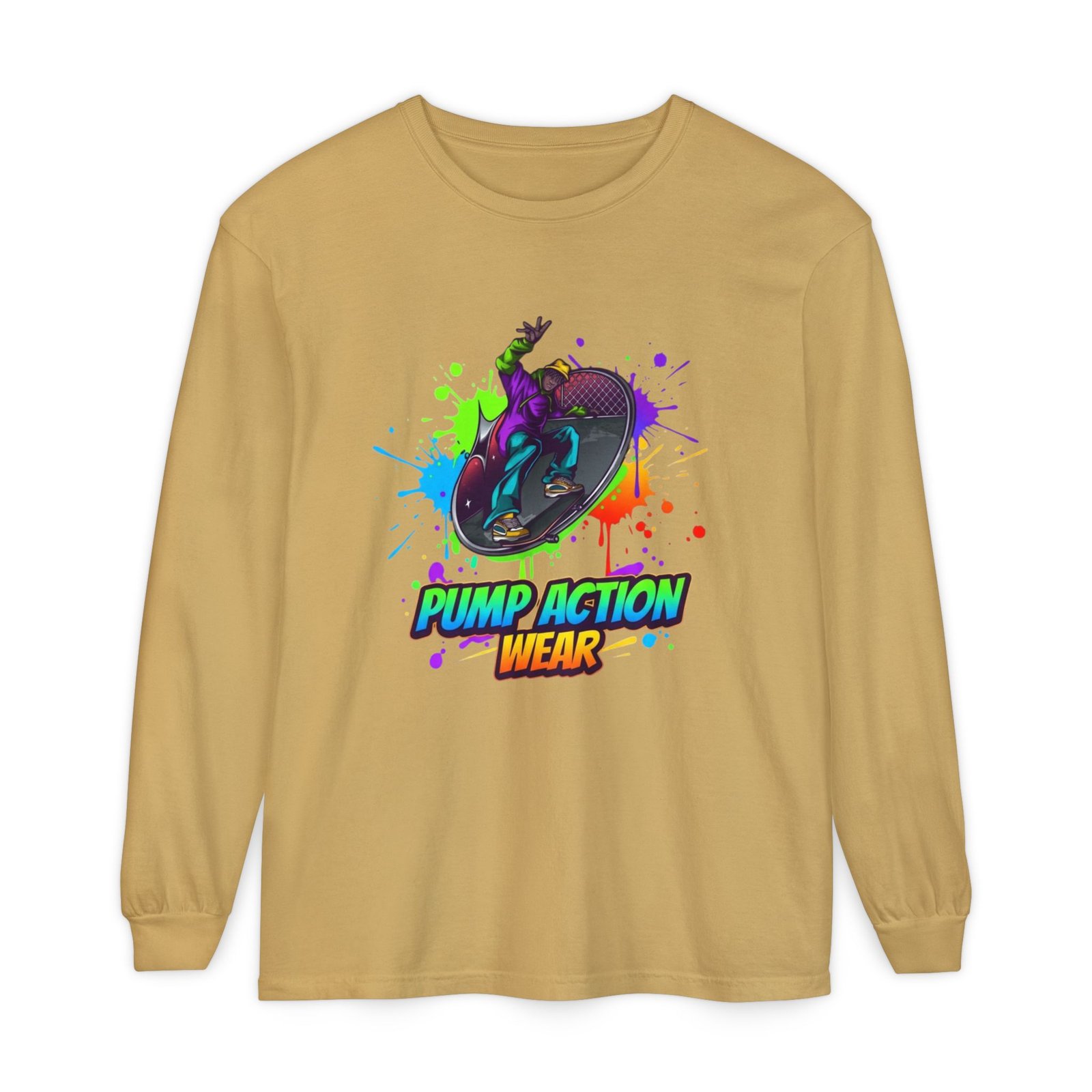 Long Sleeve T-Shirt — "Pump Action Wear" Paint-Splash Skate Graphic - Image 21