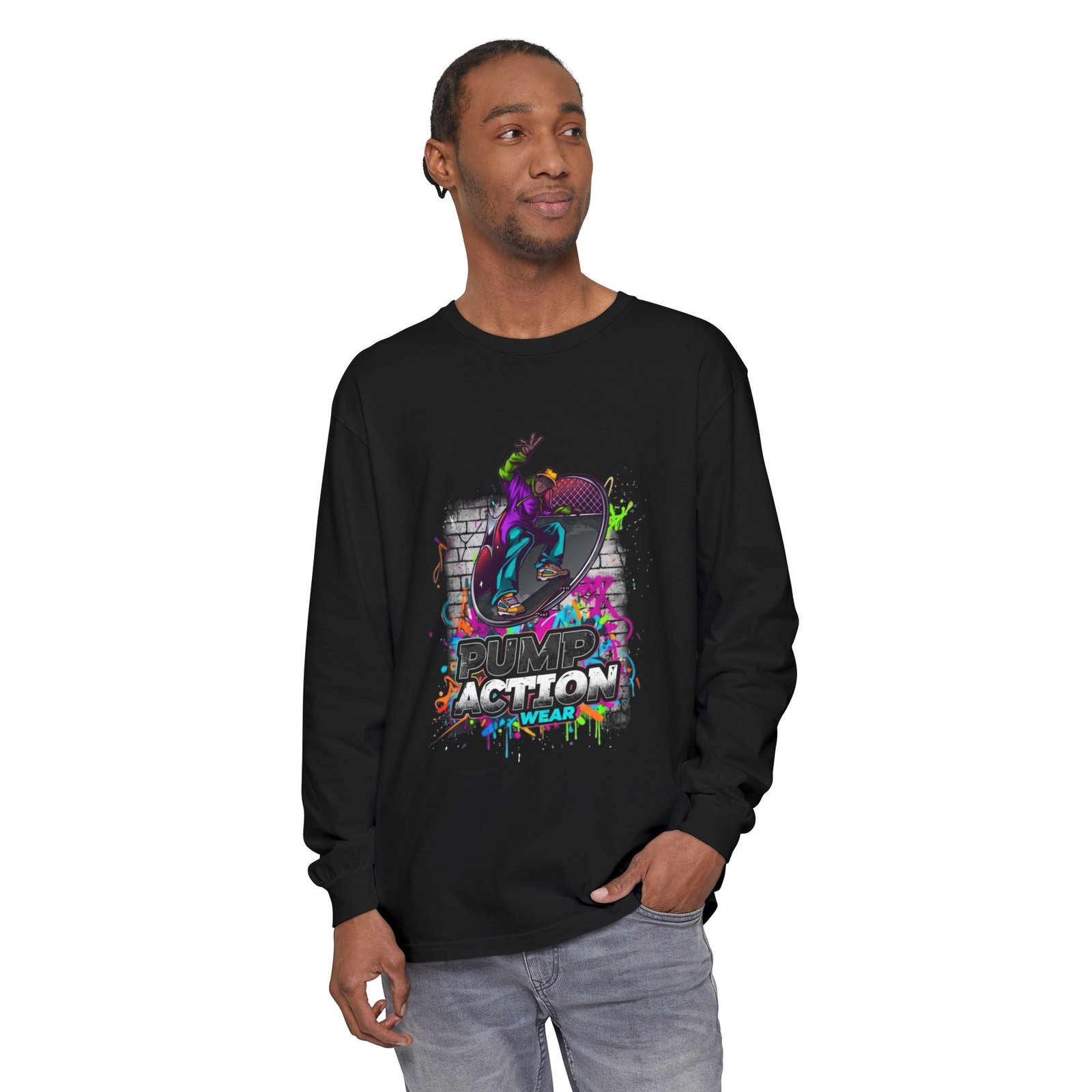Skate Action Long Sleeve T-Shirt — Neon Skateboard Graphic - Image 63