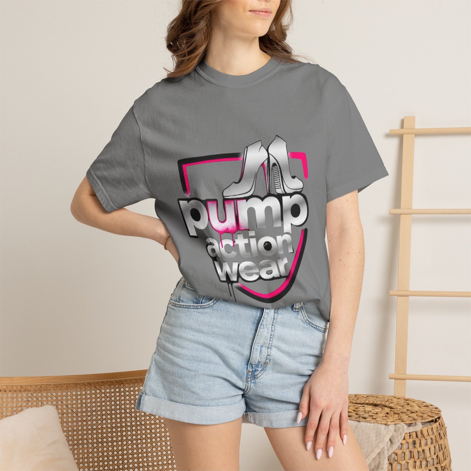 Pump Action Wear T-Shirt — Retro Metallic Heels Logo Tee - Image 24