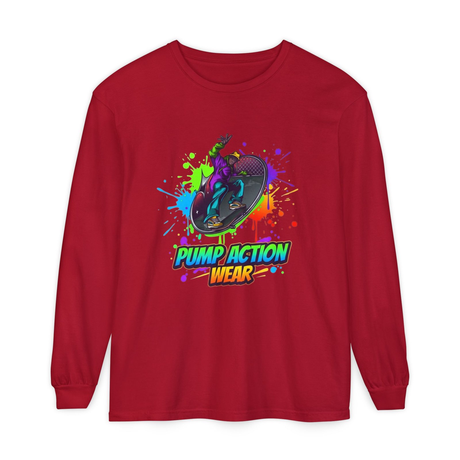 Long Sleeve T-Shirt — "Pump Action Wear" Paint-Splash Skate Graphic - Image 57