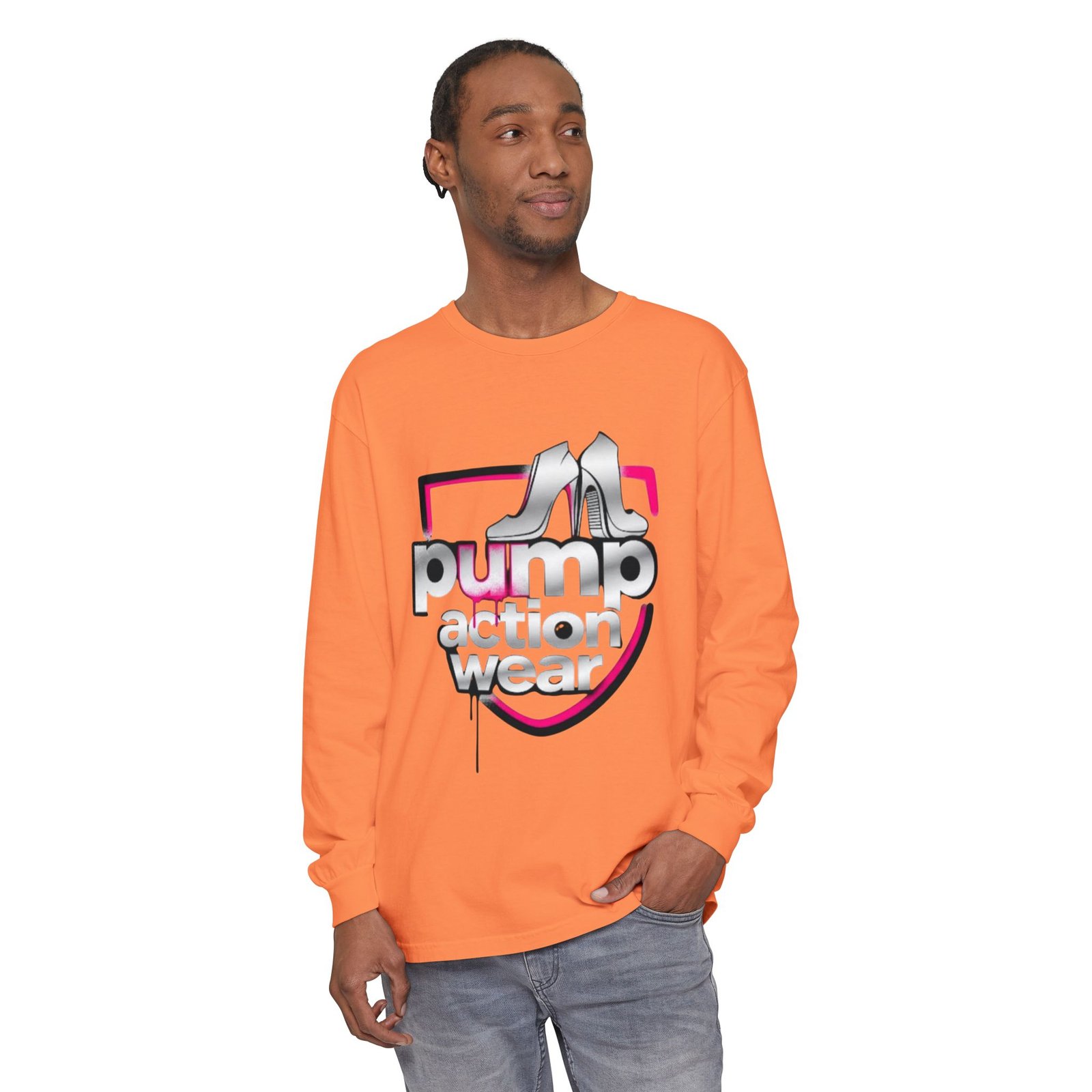 Pump Action Wear Long Sleeve Tee — Retro Chrome Logo Graphic Shirt - Image 7