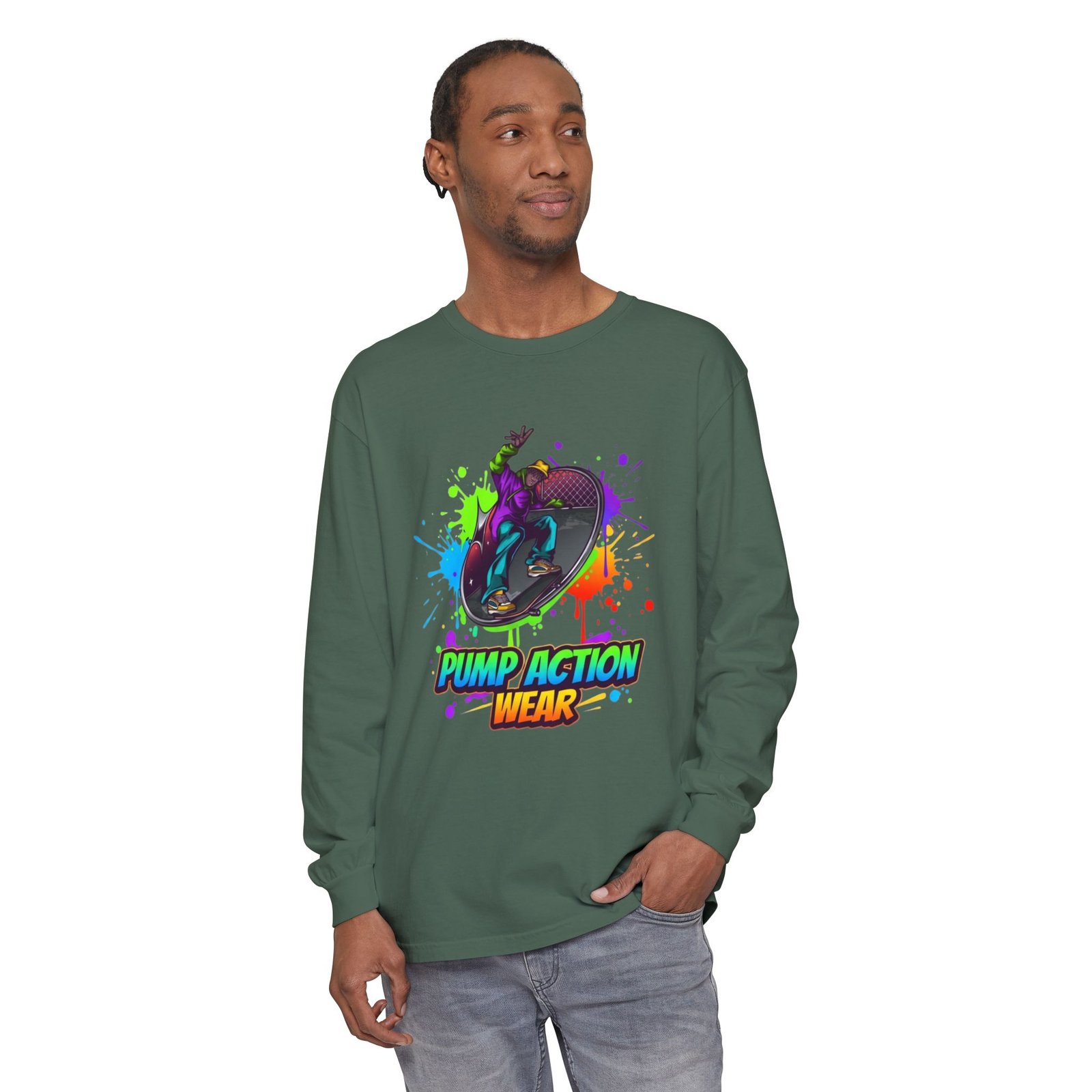 Long Sleeve T-Shirt — "Pump Action Wear" Paint-Splash Skate Graphic - Image 63