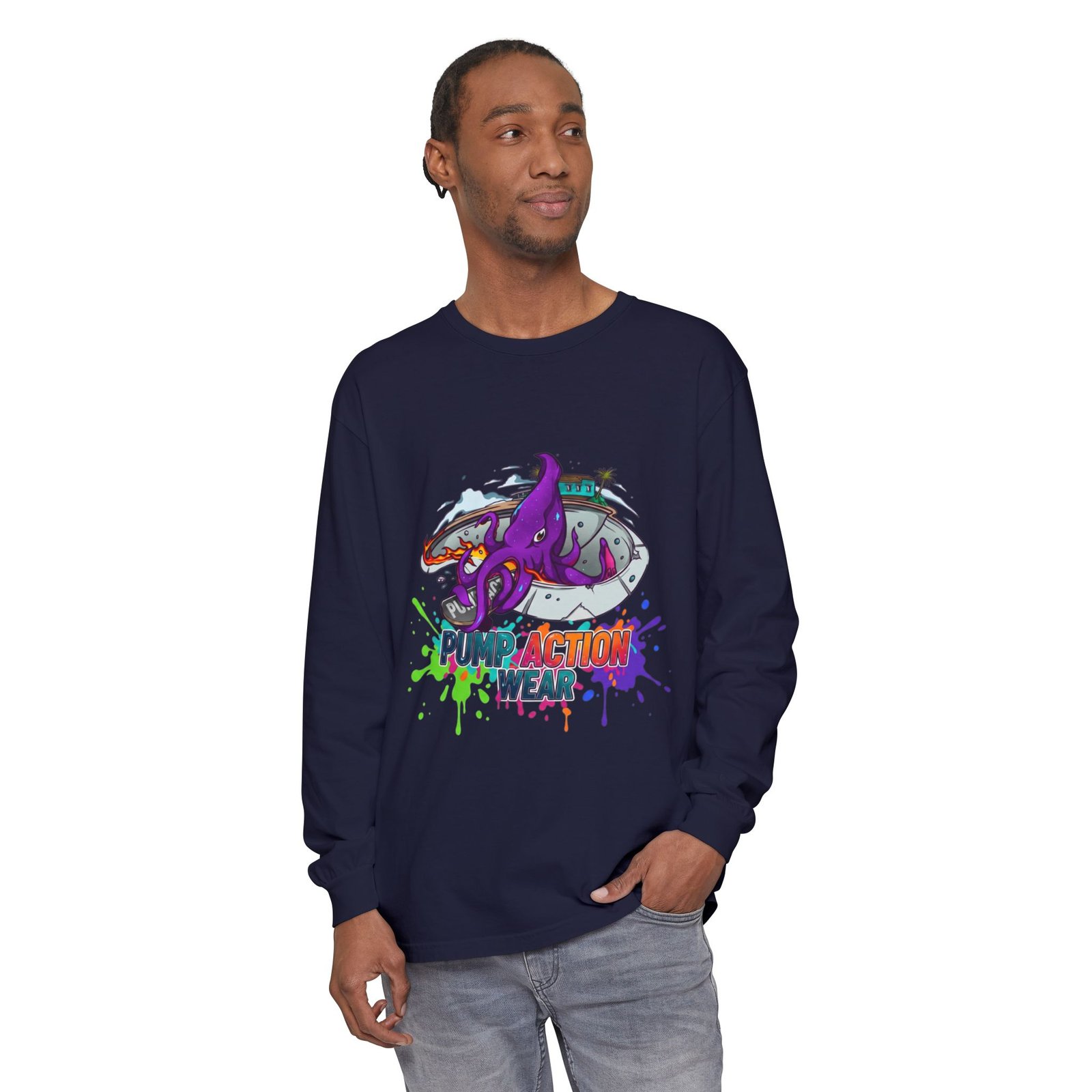 Action Octopus Long Sleeve Tee - "Pump Action Wear" Graphic Shirt - Image 55