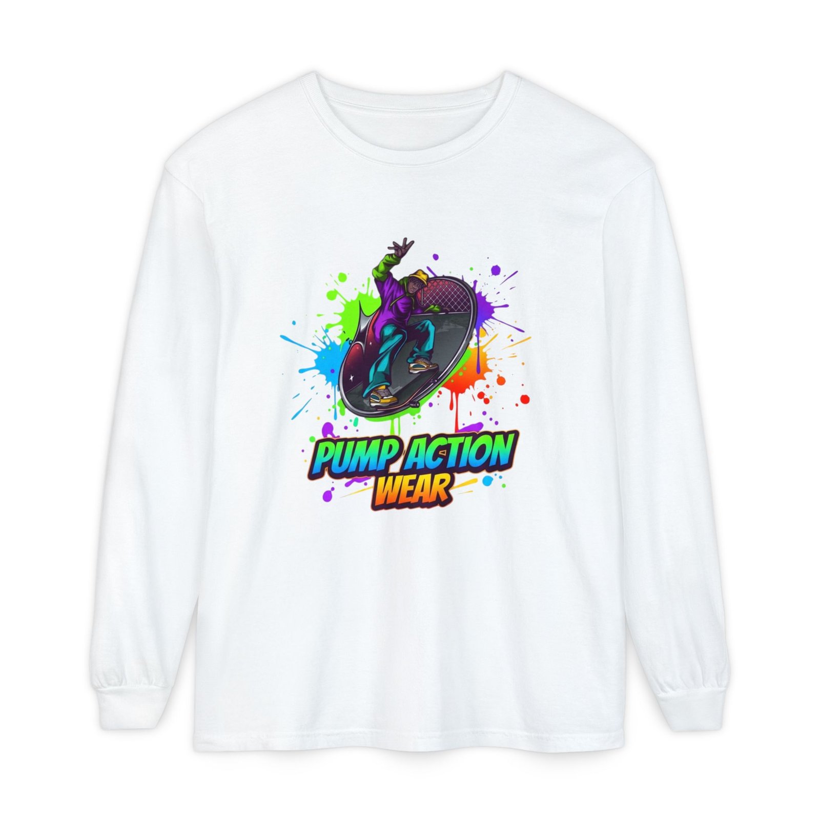 Long Sleeve T-Shirt — "Pump Action Wear" Paint-Splash Skate Graphic